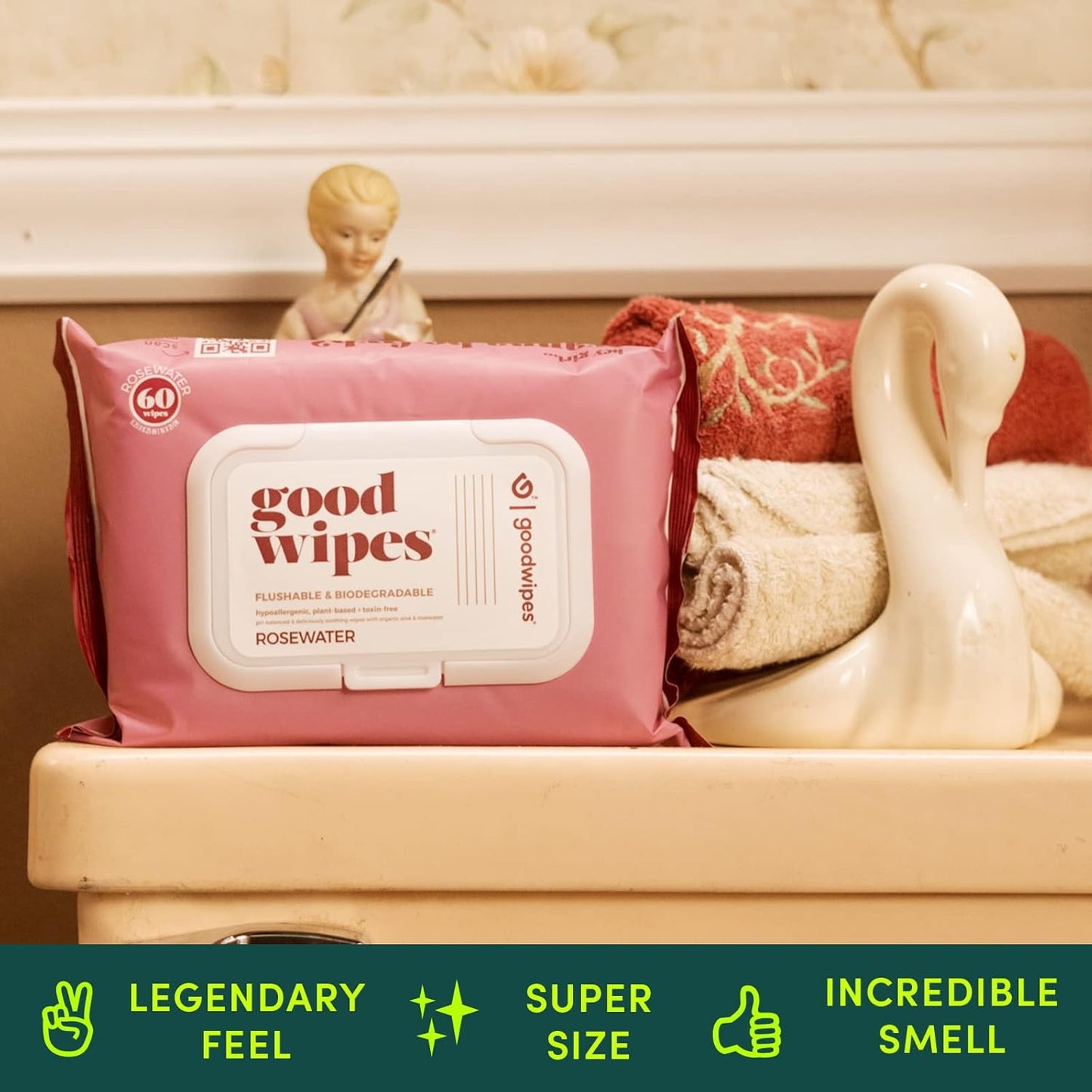 Goodwipes Flushable Wipes – Made with Vitamin E & Aloe – Soft, Individually Wrapped Butt & Feminine Cloths for On-the-Go & Travel Use – Largest Adult Toilet Towelettes – Rosewater, 1 pack, 32 count