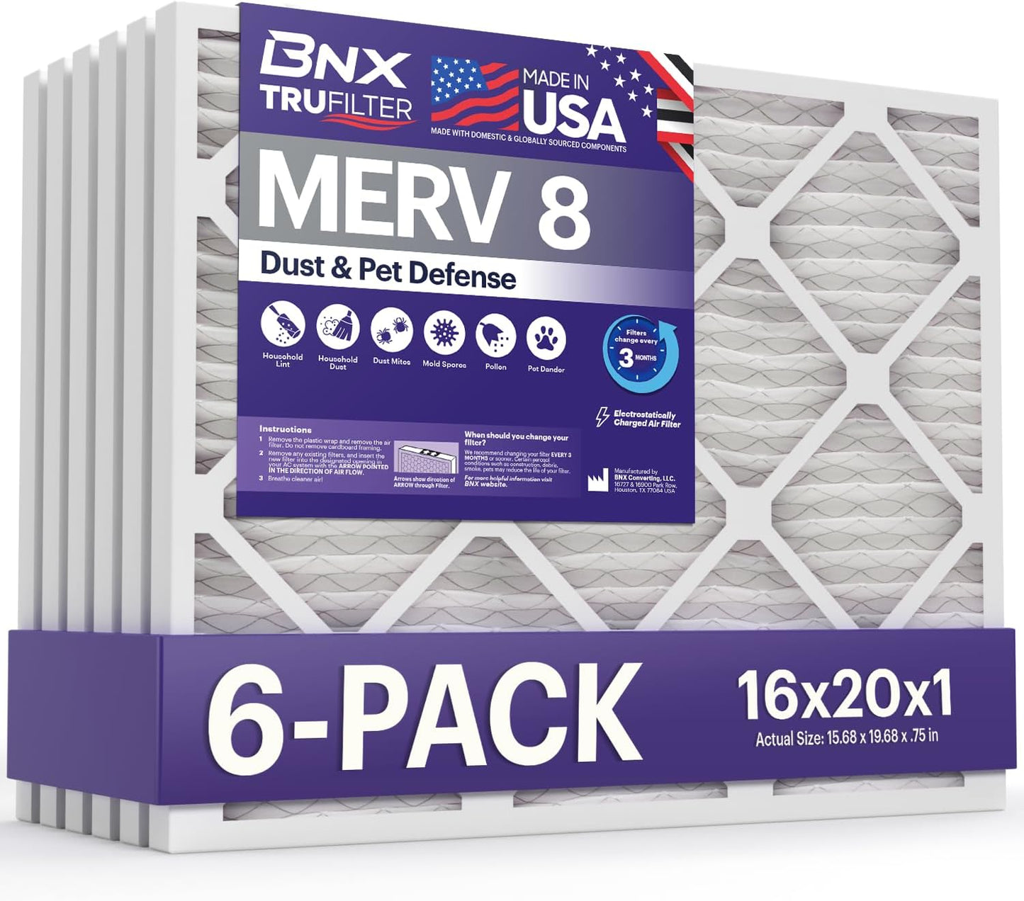 BNX TruFilter 16x20x1 Air Filter MERV 8 (6-Pack) - MADE IN USA – Dust & Pet Defense Electrostatic Pleated Air Conditioner HVAC AC Furnace Filters for Dust, Pet, Mold, Pollen MPR 600 – 700 & FPR 5