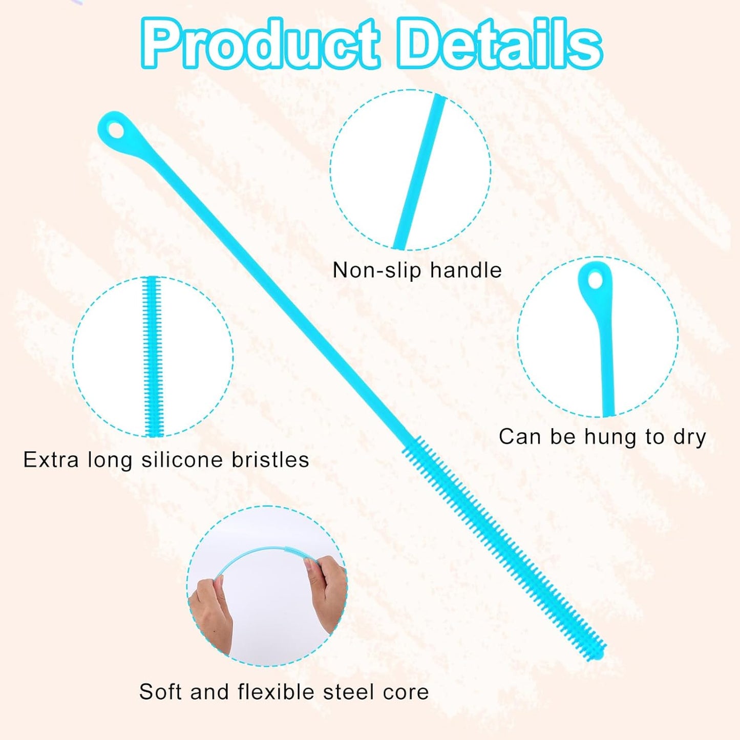 2pcs Silicone Straw Cleaner Brush, 9.44in Extra Long Reusable Straw Brush for Stanley, Metal, Glass Straws, Bendable Travel Drinking Bottle Lid Cleaning Tool for Crevice Pipe Tube (Pink, Blue)
