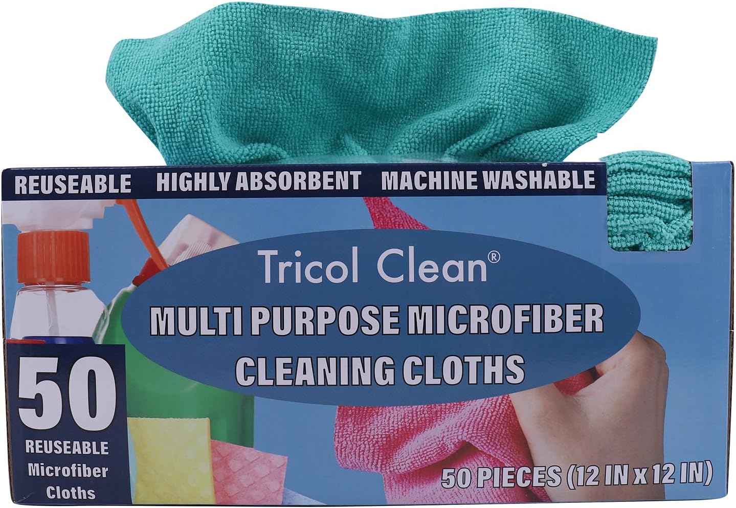 Tricol Clean Profesional Resuable Lint Free Microfiber Edgeless Cleaning Cloth 50PK Cleaning Rags,Absorbent Microfiber Wipes in Dispenser Box for Housekeeping, Car Cleaning（12 * 12 Inches）（ Green 1）