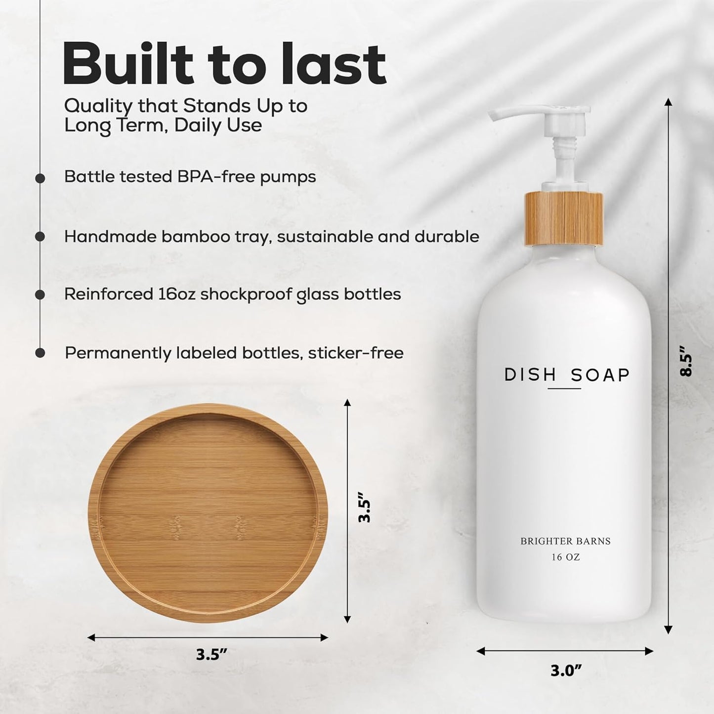 White Glass Dish Soap Dispenser for Kitchen Sink by Brighter Barns - Kitchen Soap Dispenser Set with Tray - Bamboo Pump Bottle - Neutral Minimalist Home Decor in RV, Office, Home, Airbnb, Gift (White)