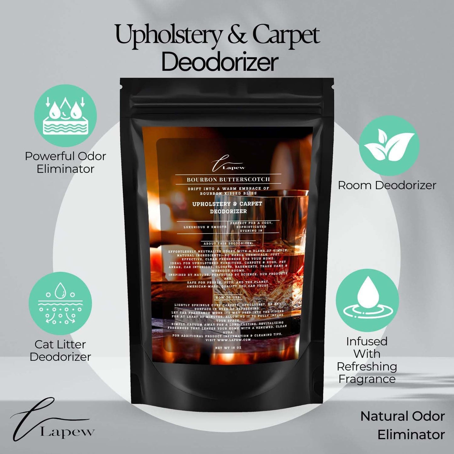 Bourbon & Butterscotch Carpet Freshener Powder 16 oz | Powerful Odor Eliminator for Home | Upholstery Deodorizer | Carpet Deodorizer | Pet Urine | Cat Litter Box