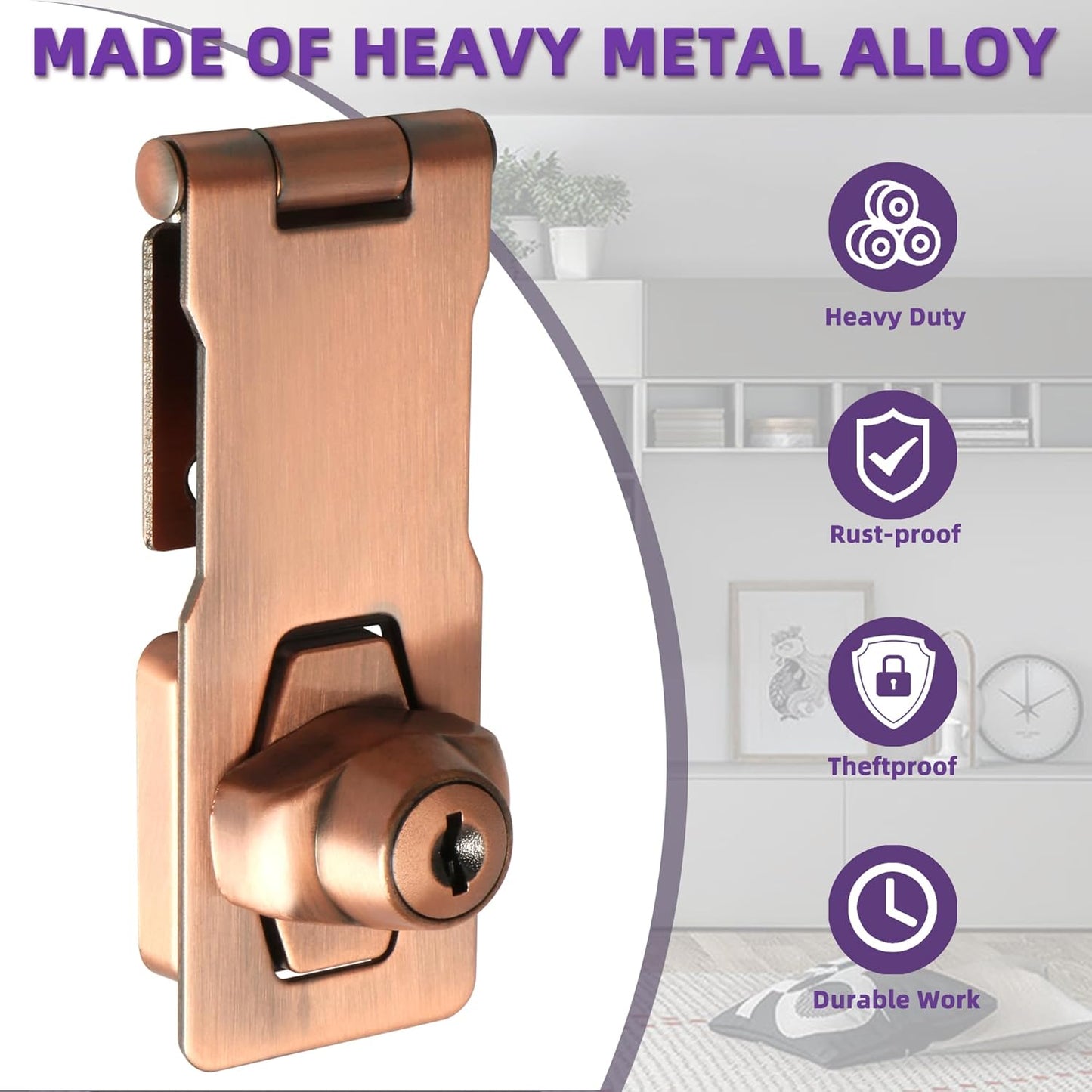 Alise Keyed Hasp Lock,4 Inch Safety Packlock Clasp Hasp Lock Latch with Lock,Door Hinge Lock with Keys Keyed Locking Hasp for Cabinets Closets Doors,Red Bronze