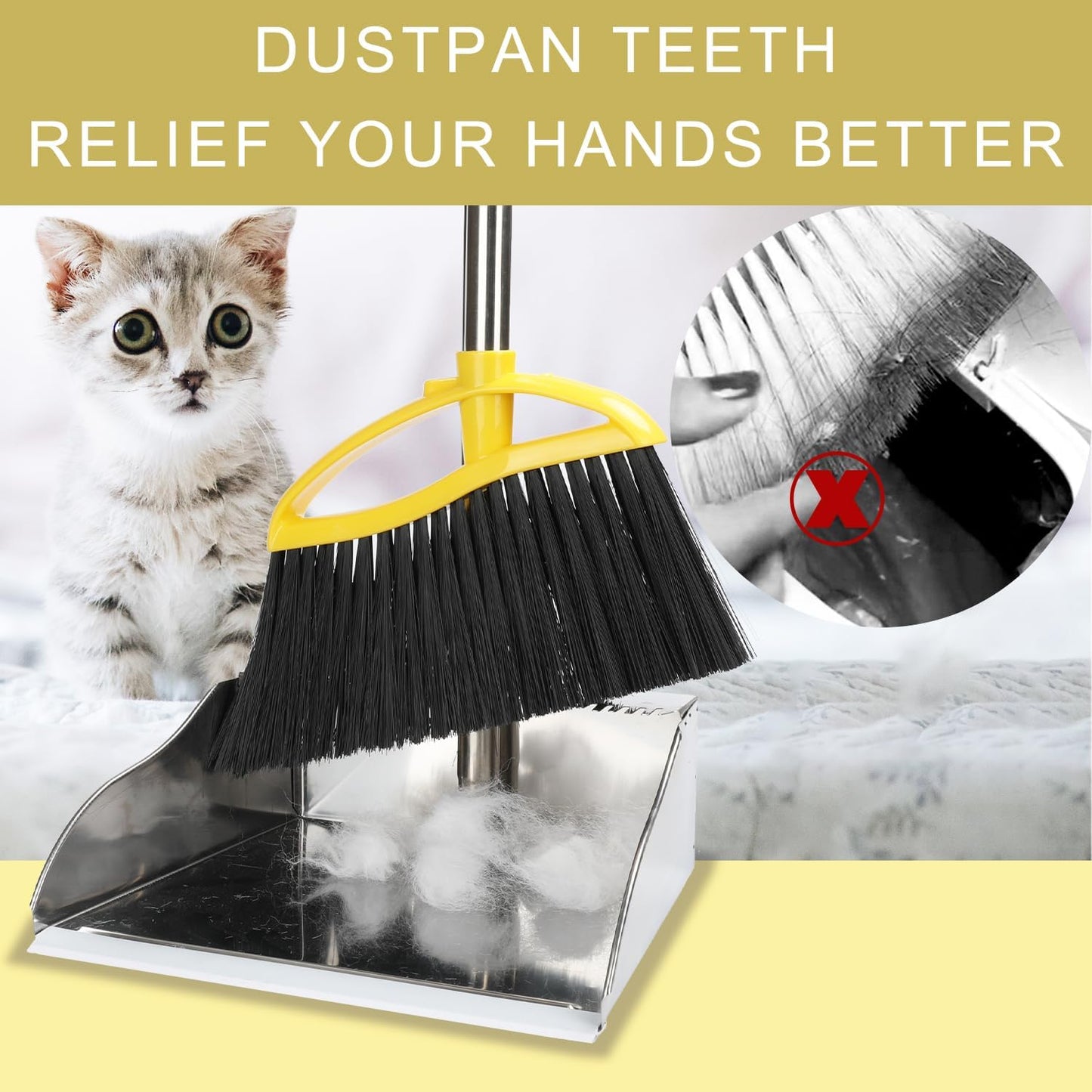 Broom and Stainless Steel Dustpan Set for Home,Metal Dust Pan and Soft Bristles Indoor Kitchen Broom for Office,Lobby