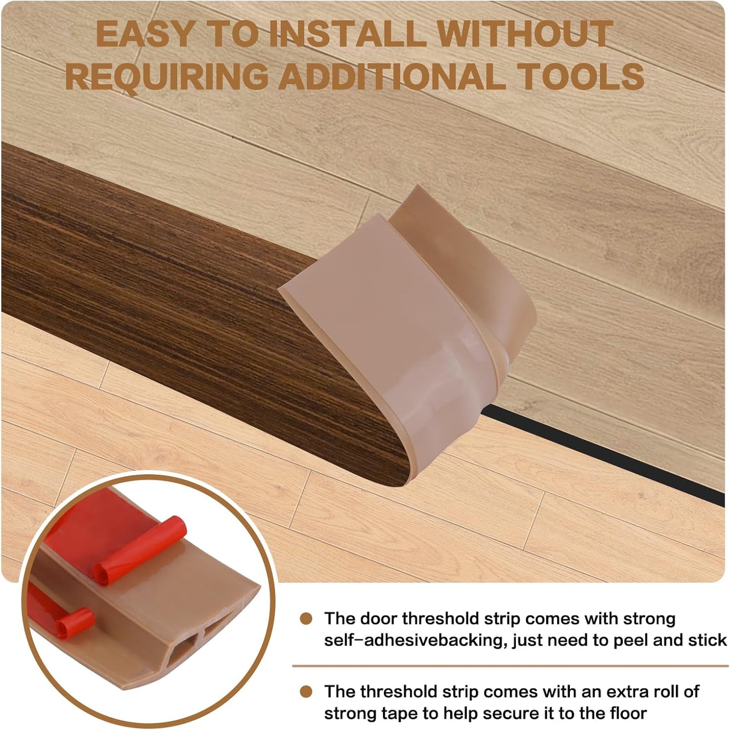 Floor Transition Strip Vinyl Door Threshold Ramp Self Adhesive Carpet Edging Strip Doorway Edge Trim, Overlap Edge Reducer for Laminate Carpet, Floor, Tile (Brown Wood Grain, 2/5" to 3/5", 6.6Ft)
