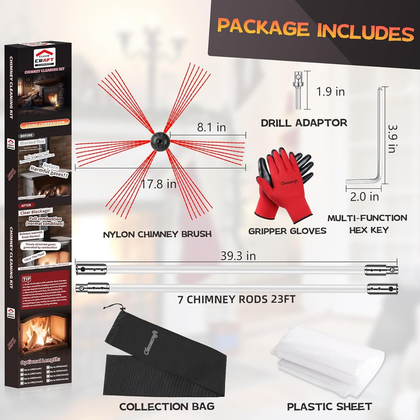 23 Feet Chimney Sweep Kit, Chimney Cleaning Kit with 7 Flexible White Chimney Rods, Chimney Brush, Rotary Chimney Cleaning System Driven by Drill