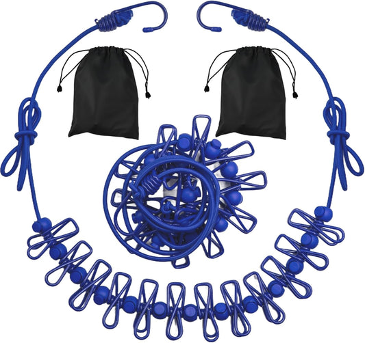 2 Pack Camping Clothesline Portable 12 Clothespins, Blue Camping Accessories Travel Clothesline for Outdoor Indoor, Retractable Clothes Line Elastic Clothesline for Camper Hotel Room