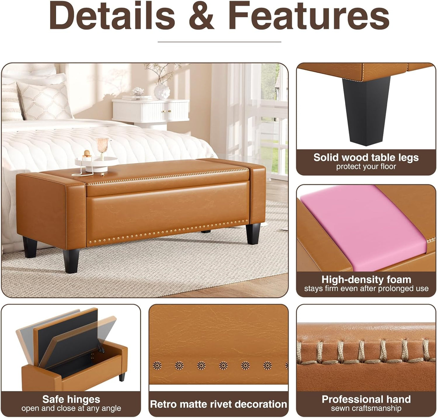 48.8" Storage Ottoman Bench Brown | Faux Leather Bedroom Bench with Lift Top for Living Room & Bed End
