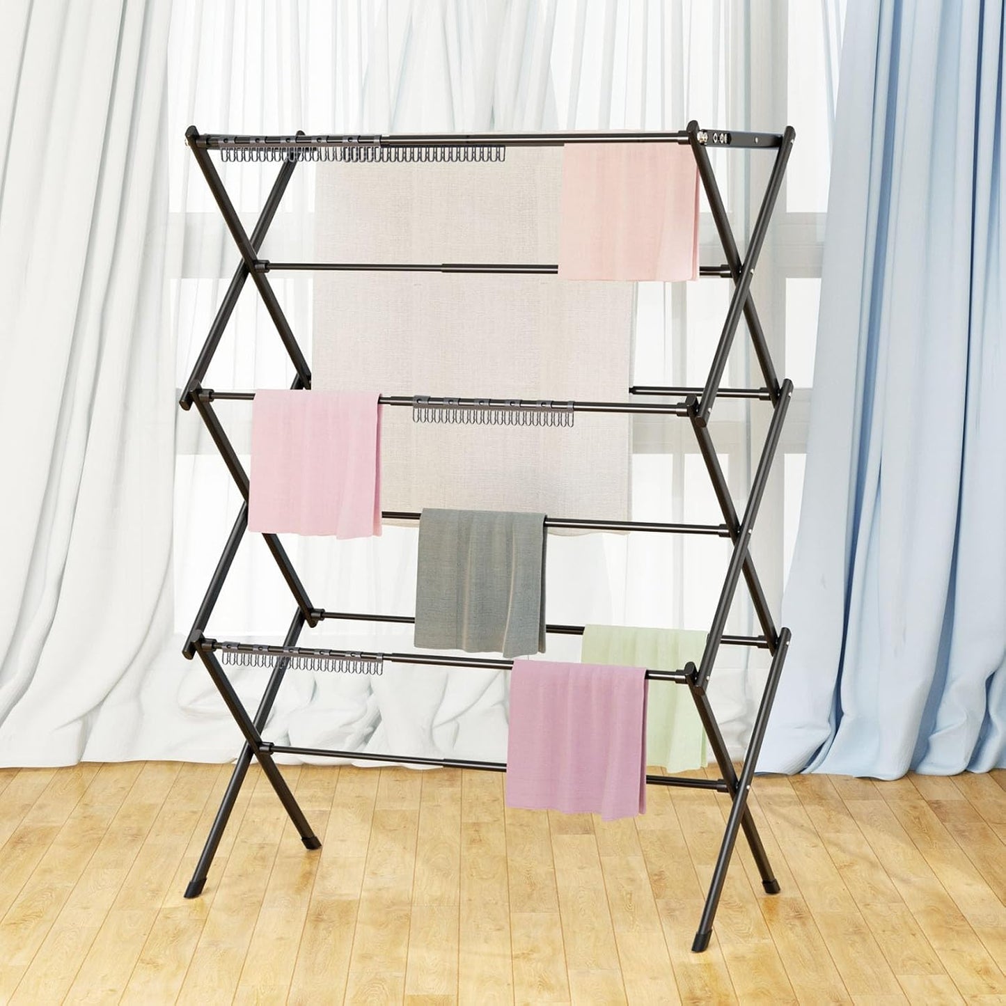 3 Tier Clothes Drying Rack, Foldable Drying Rack Clothing,Indoor & Outdoor Laundry Rack for Drying Clothes,Space-Saving Design, Small Collapsible Portable Dry Rack-Pure Black