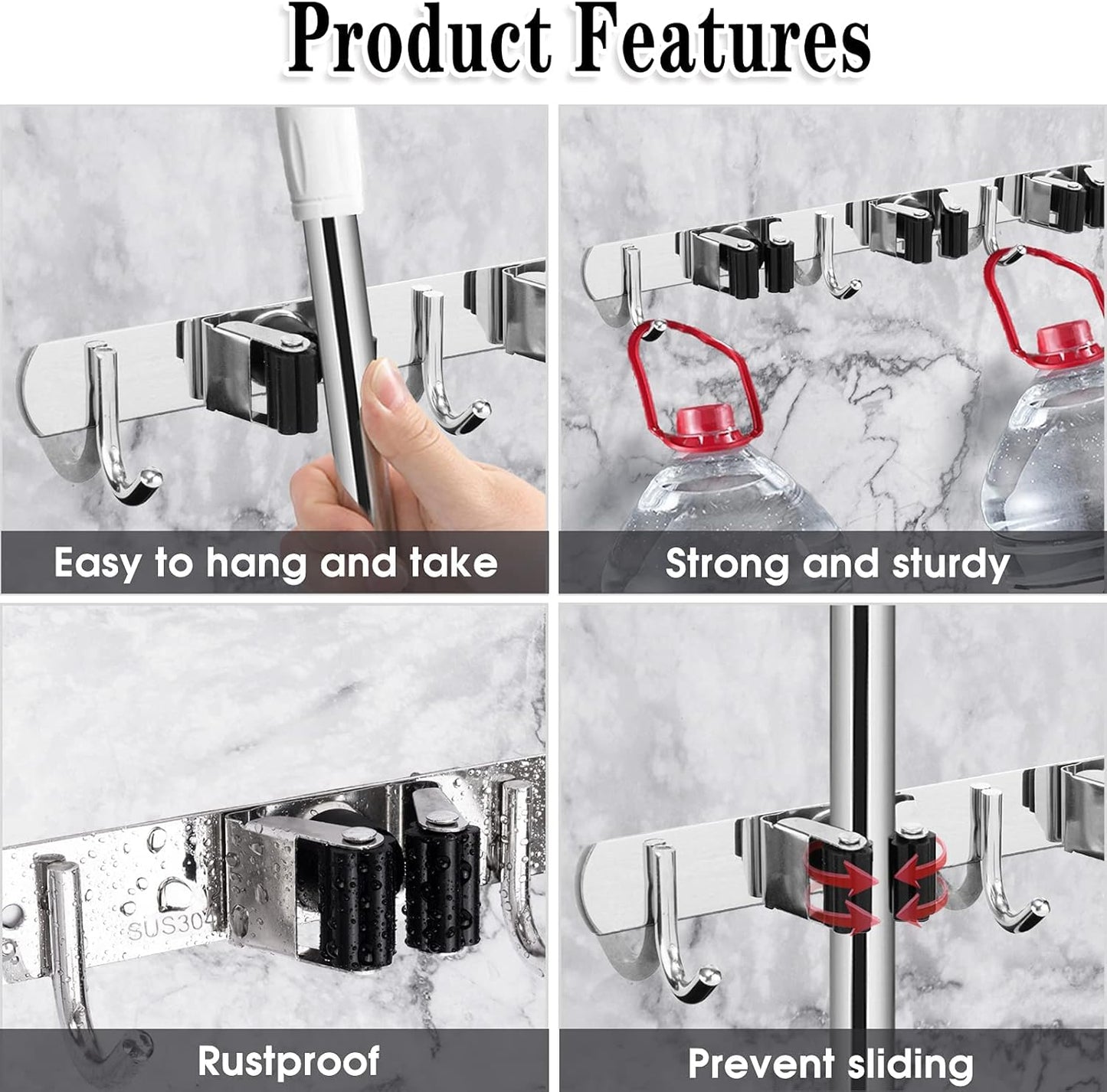 3 Racks and 4 Hooks Broom and Mop Holder Wall Mounted Garage Organizer Storage Tool Racks Stainless Steel Heavy Duty Hooks Self Adhesive Solid Non-slip Wall Hangers for Home Kitchen Garden Laundry