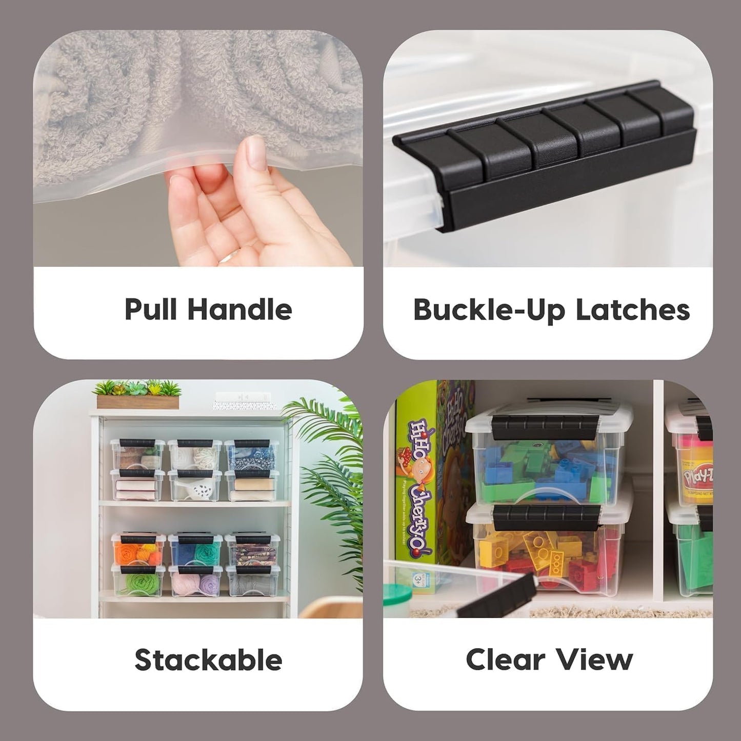 IRIS USA 6 Quart Stackable Plastic Storage Bins with Lids, 3 Pack - BPA-Free, Made in USA - See-Through Organizing Solution, Latches, Durable Nestable Containers, Secure Pull Handle - Clear/Black