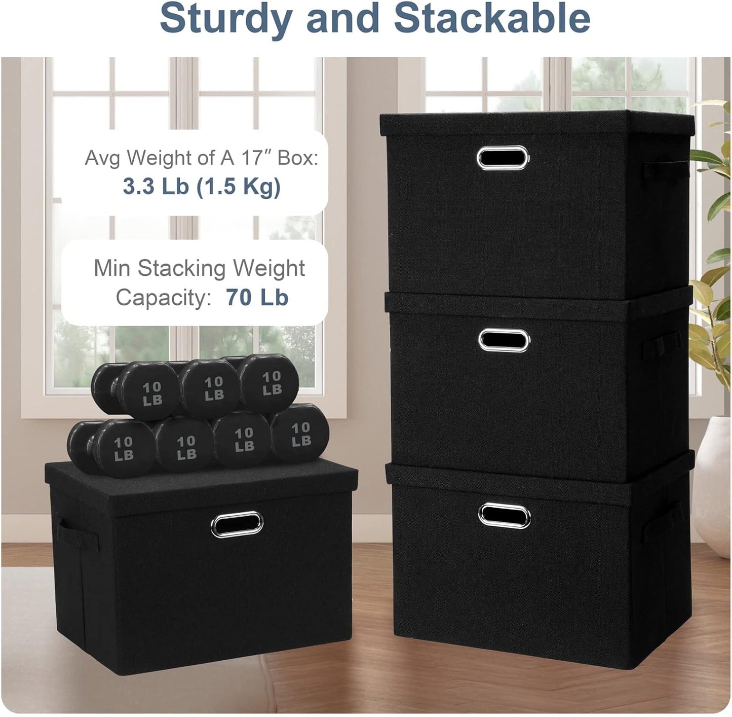Large 17" 36 Quart Collapsible Stackable Storage Bins with Lids, 5 Packs Black Linen Fabric Closet Boxes with Lids, Storage Cube Baskets Container Organizers for Bedroom Office(17 x12 x11)