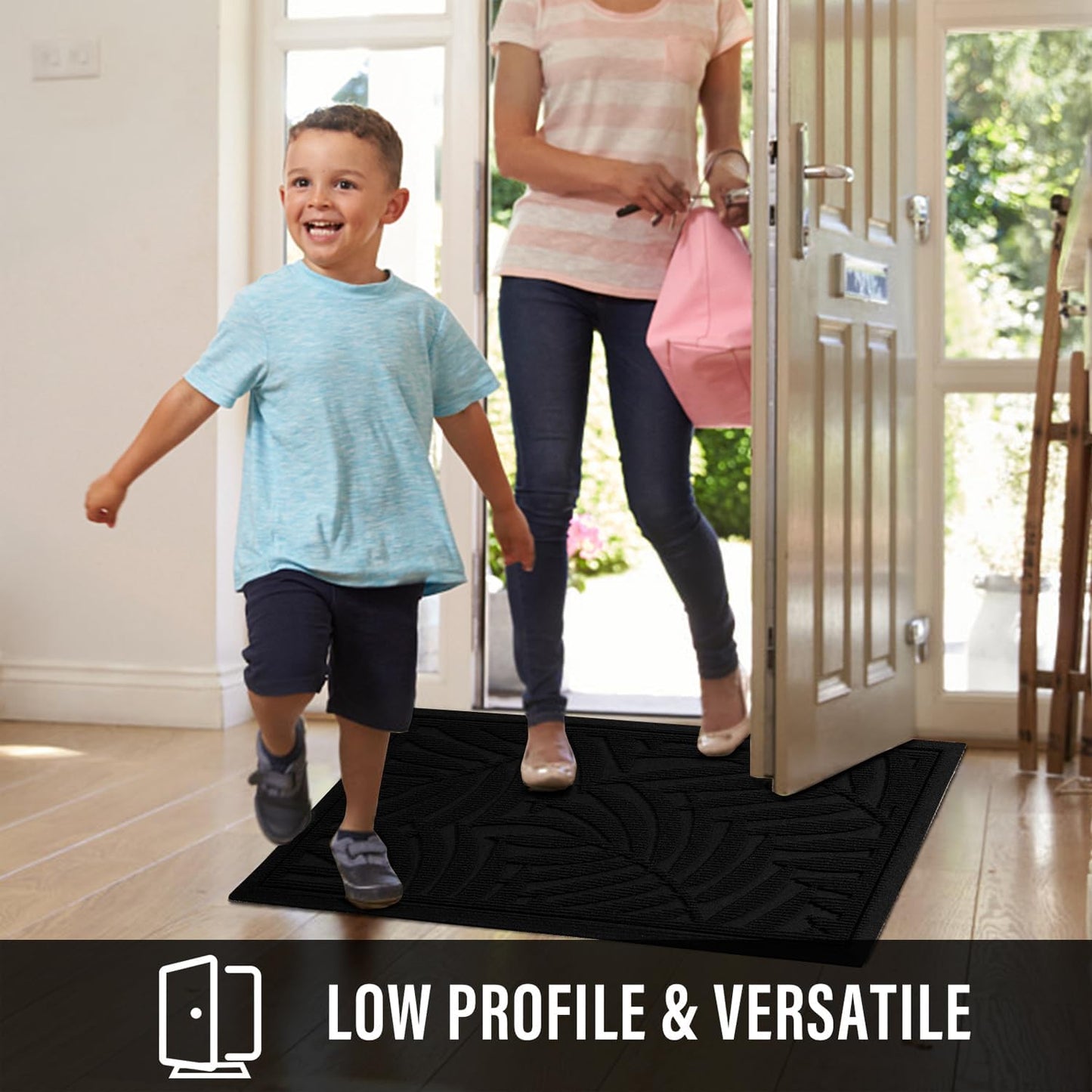 Front Door Mat, Absorbent Resist Dirt Welcome Door Mat Indoor Outdoor, Waterproof Doormat, Sturdy Non Slip Backing, Fade Resistant, Low Profile Entry Mat for Entryway, 29×17, Black