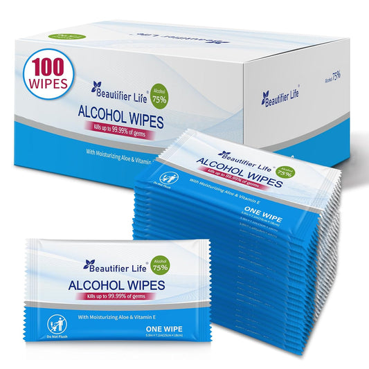 100 Count Individually Packed Hand Sanitizing Wipes - 75% Alcohol Formula with Aloe, Moisturizer, and Vitamin E - Premium Sanitizer for Travel, Home, Office, and School Use