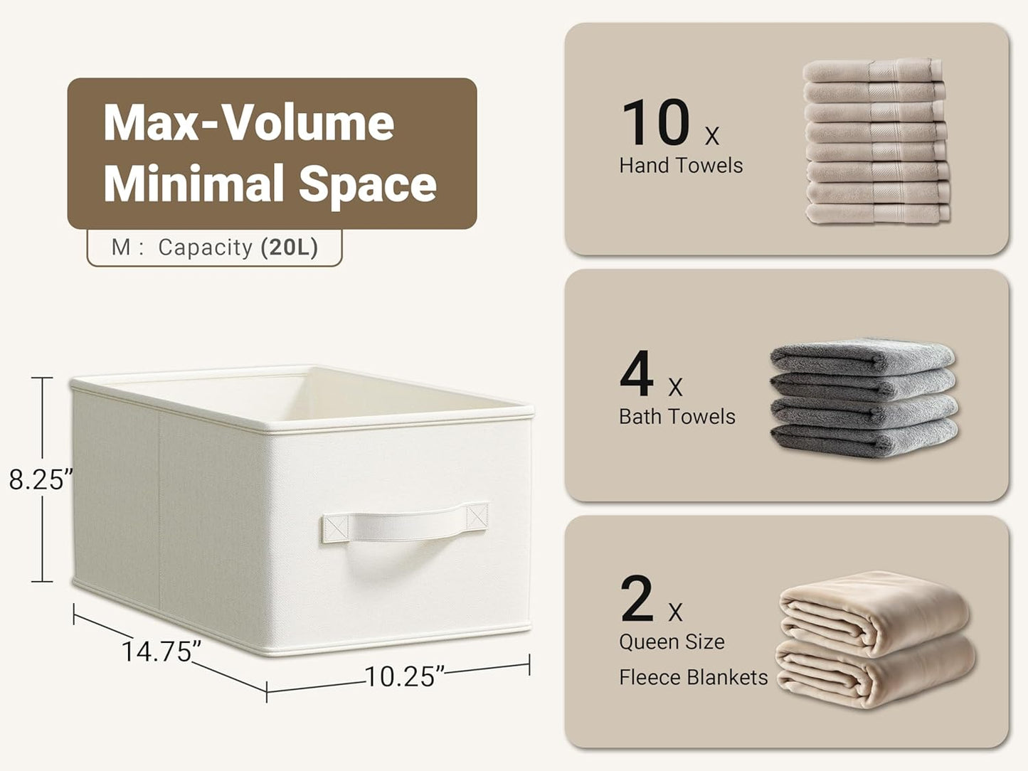 3 Pack Fabric Storage Bins for Shelves | 14¾" L*10¼" W*8¼" H Closet Storage Bins | Collapsible Closet Organizers for Clothes | Linen Clothes Bins | White & Ivory