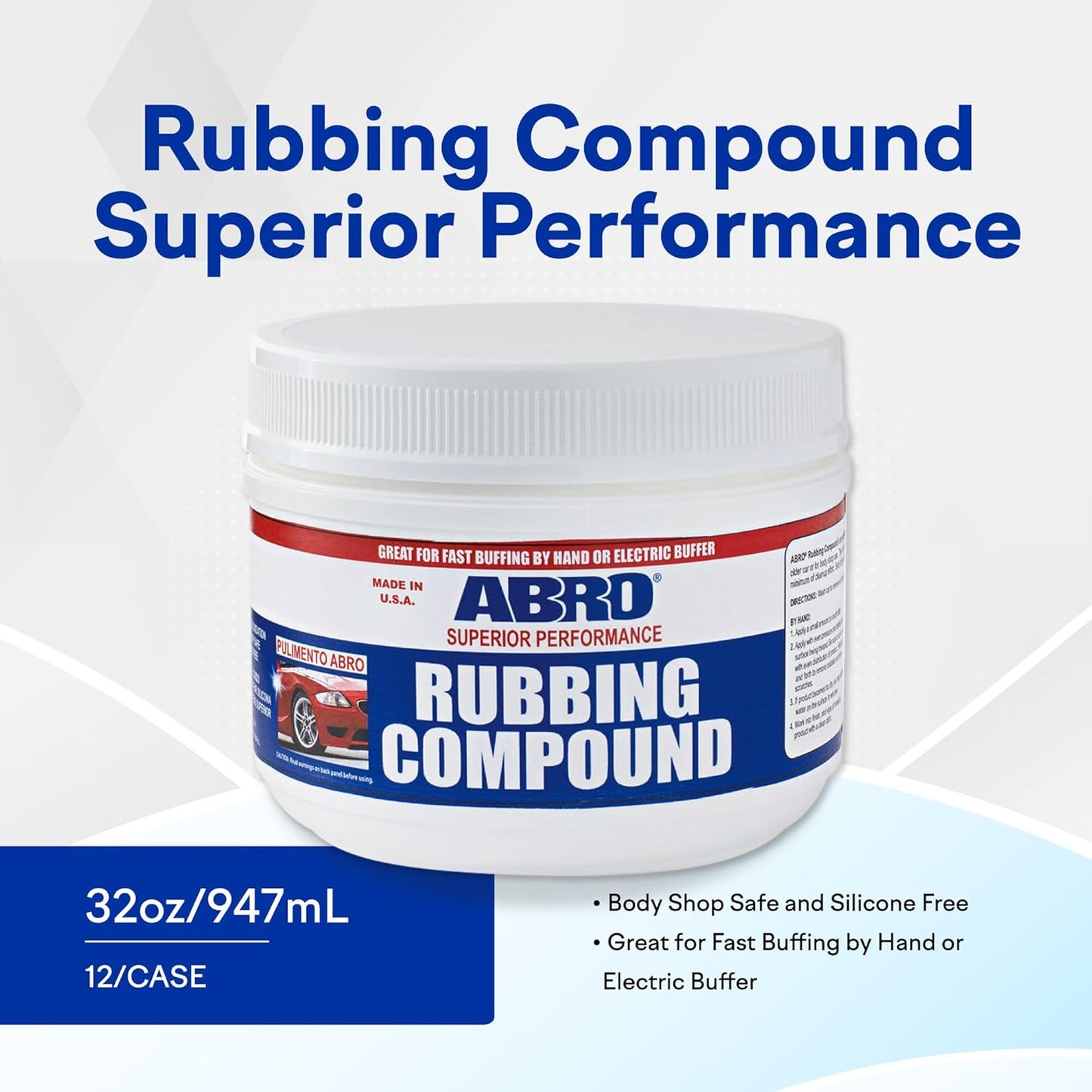 ABRO Superior Performance Automotive Rubbing Compound for Oxidized Finishes, Buff, Shine, Smooth, & Clean, Scratch Remover for Vehicles, Boats, & Bikes - 10 oz.