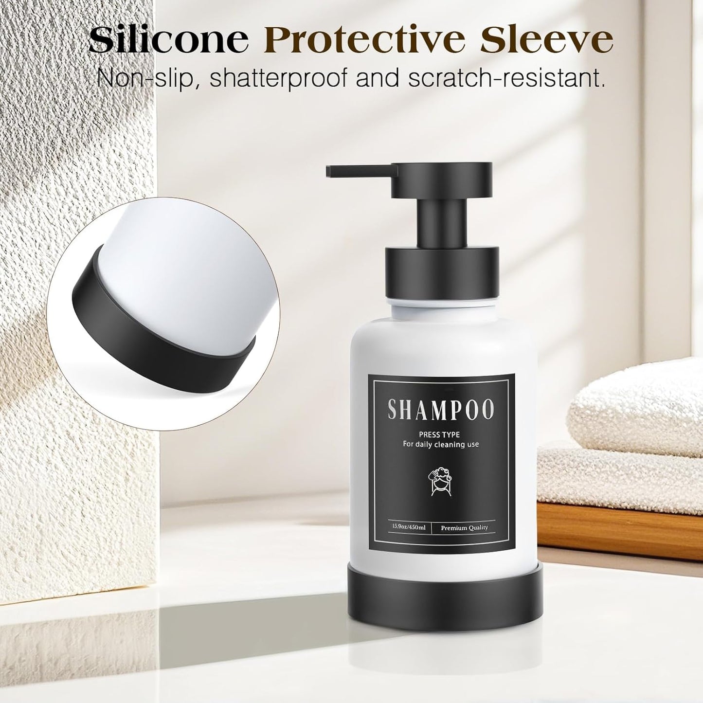 Luxspire Foaming Soap Dispenser, Glass Foam Pump Soap Dispenser, Non-Slip Hand Soap Container with 5 Waterproof Labels, 15 Oz Refillable Liquid Soap Holder for Bathroom & Kitchen, White, 2 Pack