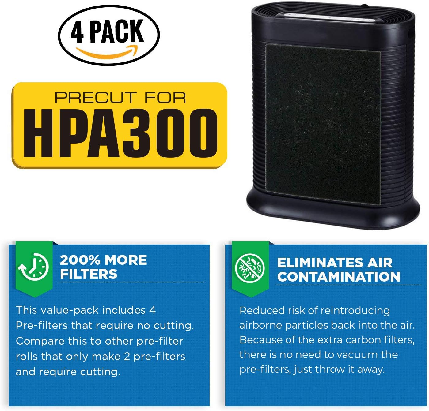 VEVA Precut for HPA300 Premium Carbon Activated Pre Filters 4 Pack Compatible with HW Air Purifier. Precision Fit for Easy Installation Advanced Filters
