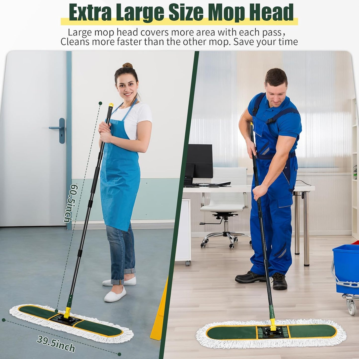36" Commercial Dust Mop for Floor Cleaning with Replacement Mop Pads, Heavy Duty Industrial Large Floor Wet Dry Mop for Cleaning Office Garage Hardwood Warehouse Factory Mall