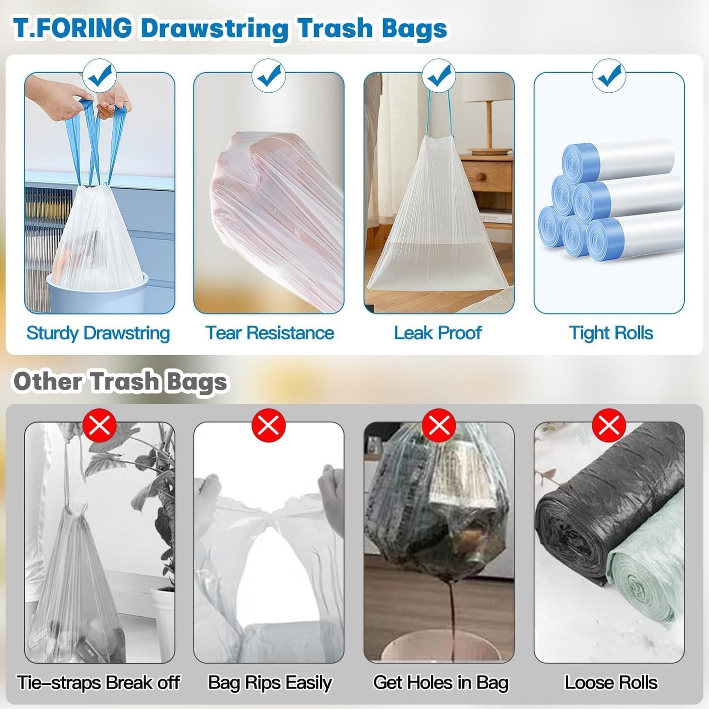 10-13 Gallon Trash Bags Drawstring 1.2 Mil - White Garbage Bags Unscented,37.8 Liter Strong Can Liners for Kitchen Home Office Bathroom,52 Count