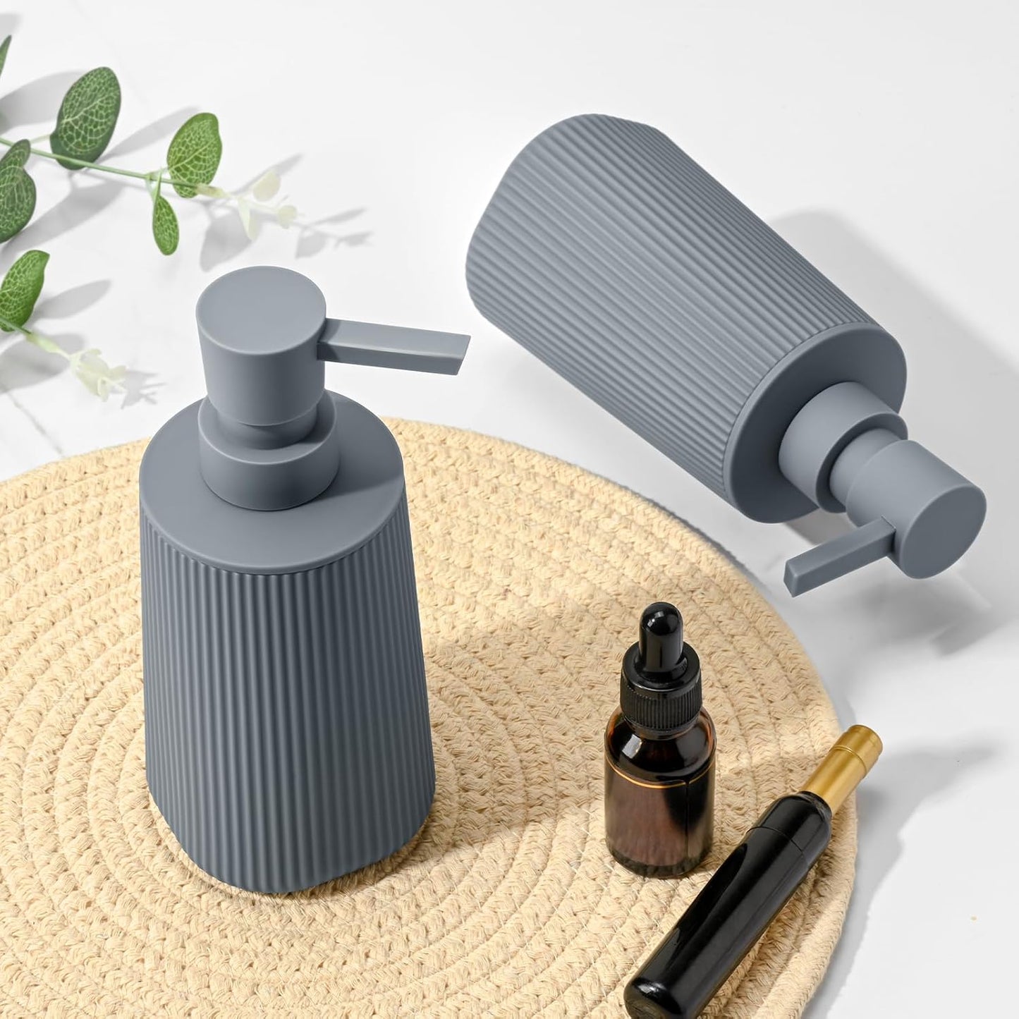 Gray 2 Pack Hand Soap Dispensers with No Rust Pump for Bathroom and Kitchen Countertops Refillable Striped Matte Plastic 8.5 oz