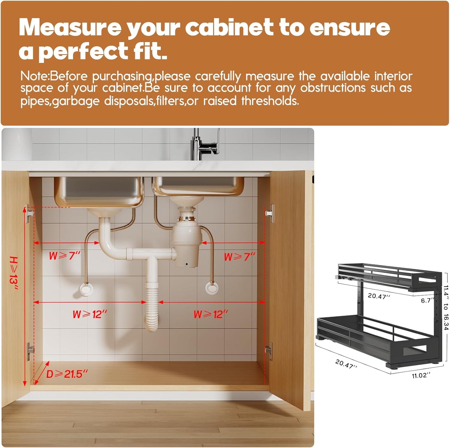 2-Pack 20.47"Deep Under Sink Organizer And Storage,2-Tier L-Shaped Pull Out Cabinet Organizer with Upgraded Slide Rails,Height Adjustable Drawers for Kitchen&Bathroom,Extra-Large Storage Shelves–Black