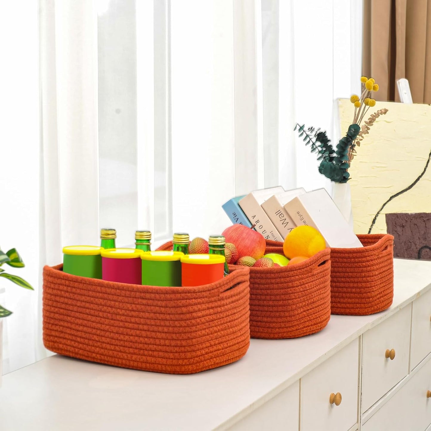 Small Red Woven Baskets for Organizing, Basket for Gifts Empty, Cotton Rope Baskets for Storage, Organizer Bins for Organization, 13"×8.5"×5.1" (3 Packs) Brick Red