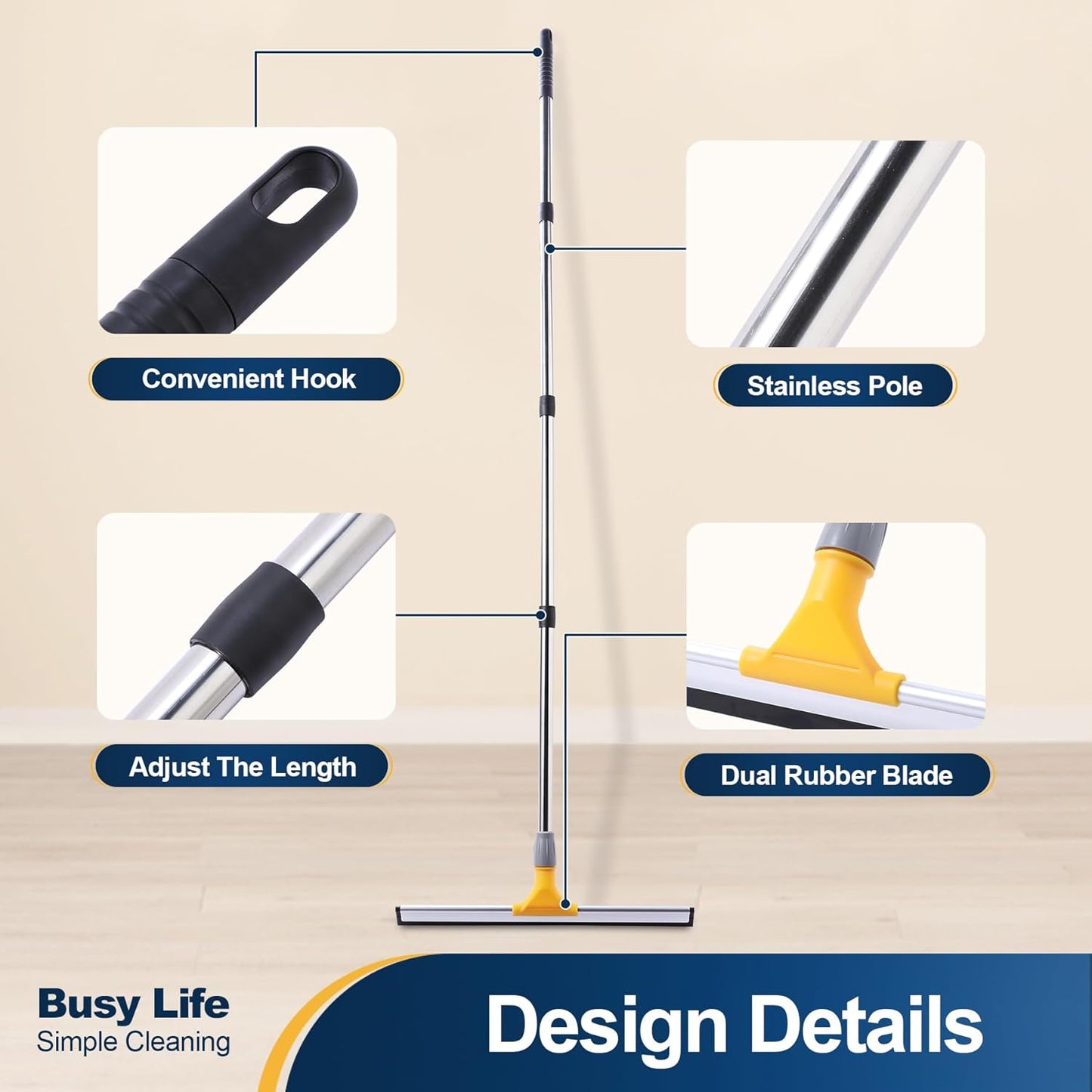 Yocada 17.7" Floor Squeegee Rubber TPR Blade Scrubber Broom 61.8inch Pole Household Broom for Garage Courtyard Shower Bathroom Floor Marble Glass Tile Water Foam Pet Hair Removal Cleaning