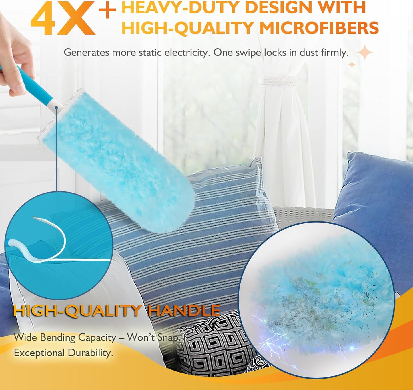 60ct 360° Heavy Duty Duster Refills Kit for Swiffer Duster, 4X Dust Capture Power with Microfiber, Disposable Feather Dusters for Cleaning Ceiling Fan, Cobweb, Car,1 Extended &1 Short Handle