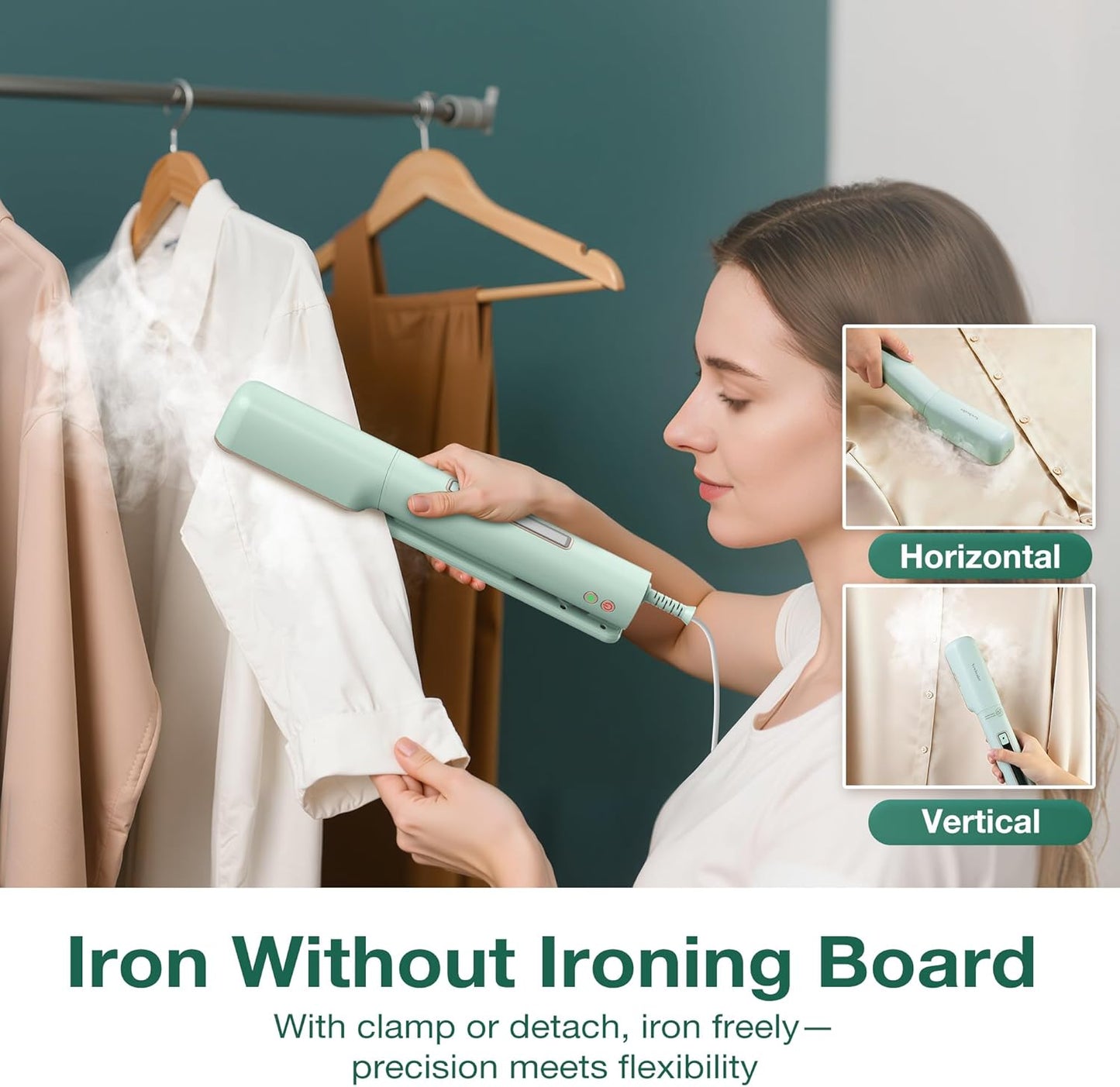 Newbealer 3in1 Clamp Travel Steam Iron with Global Voltage, 100-240V Clothes Steamer, Dry Ironing & 2 Steam Levels, Non-Stick Ceramic Soleplate, Auto-off, Self Cleaning, w/Detachable Clamp (Green)