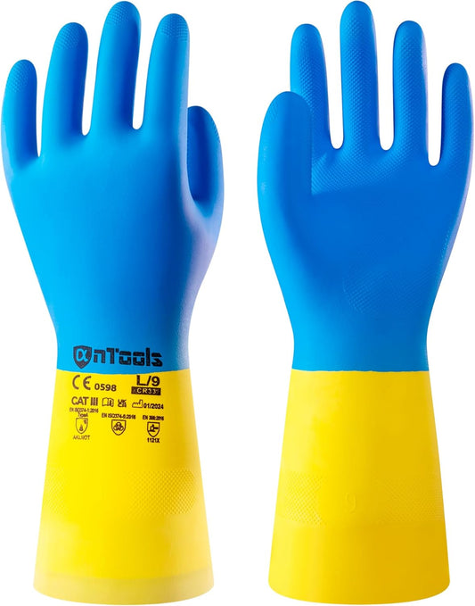 2 Pairs Neoprene and Rubber Blend Heavy-Duty Chemical Gloves, Protective industrial gloves for Resist Acid, Alkali, Hazmat, cleaning, dishwashing, X-Large
