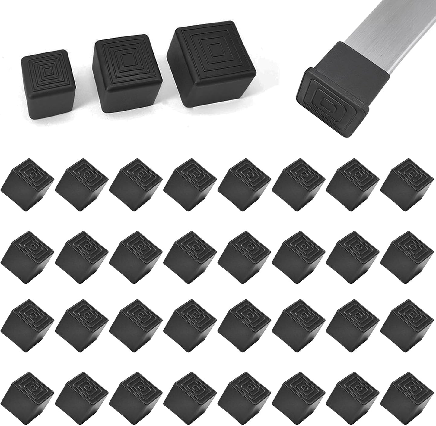 32 Pcs 1" x 1" Square Rubber Chair Leg Caps, PVC Table Leg Covers, Flexible & Anti-Slip Furniture Leg End Caps, Chair Leg Floor Protectors for Bar Stool Leg Patio Indoor, Black