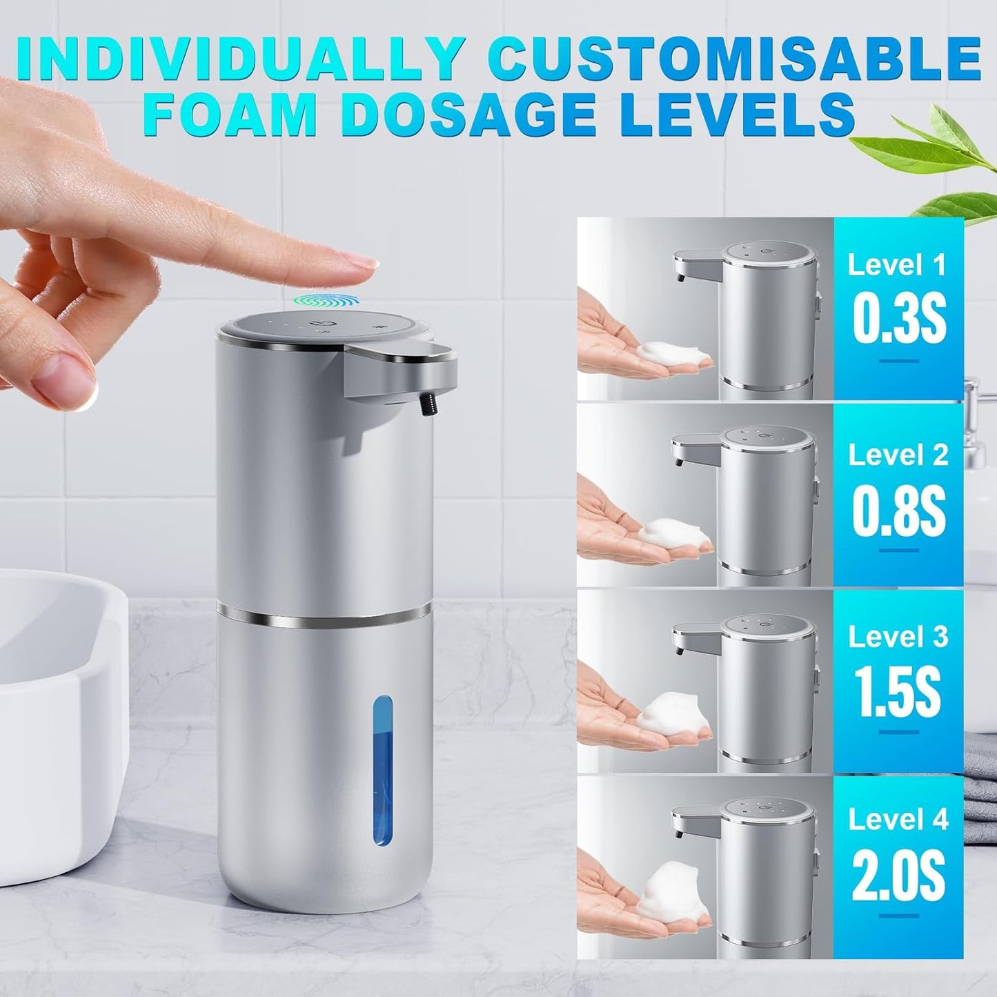 Automatic Foaming Soap Dispenser, 12.8oz/380ml Wall Mount Touchless Soap Dispenser with Sensor, 4-Level Adjustable, IPX5 Waterproof, USB Rechargeable for Bathroom, Kitchen