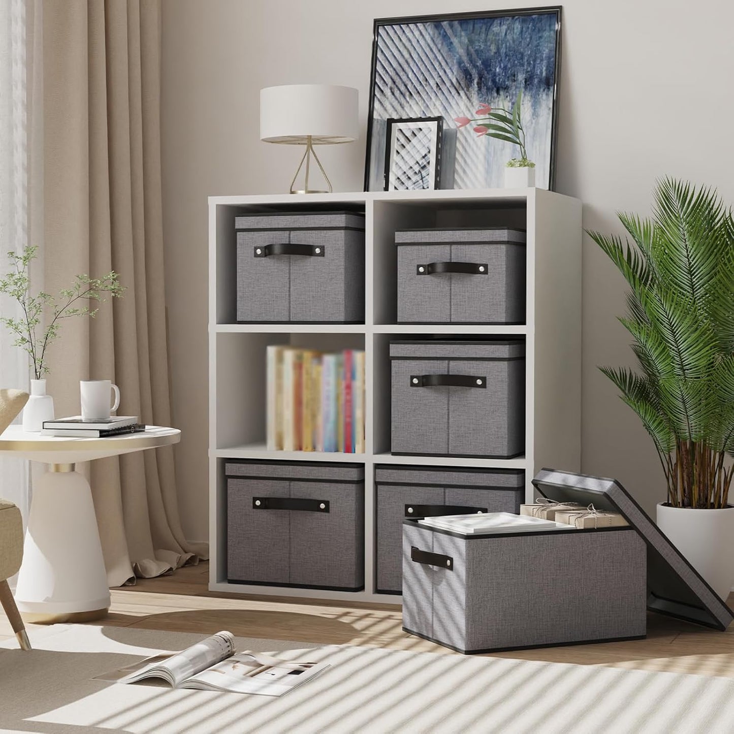 Clothing Storage Bins, Blanket Baskets for Shelves, Fabric Cubes with Handles and Lids, Decorative Linen Closet Organizers Boxes, Gray, 1 Pack, 16.5 x 11.8 x 10.2 Inch