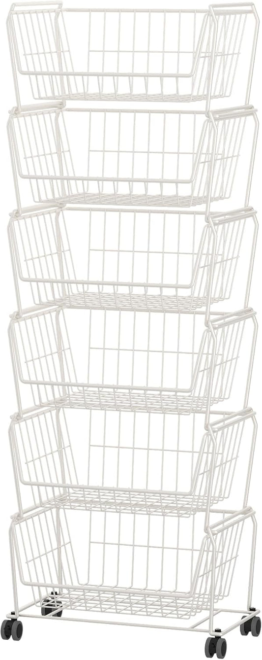 PUSDON Stackable Metal Storage Carts, Dual Use Shelf for Kitchen Fruit Vegetable Baskets with Wheels, Storage Rack for Living Room, Home & Office, Standard White 6 Tiers