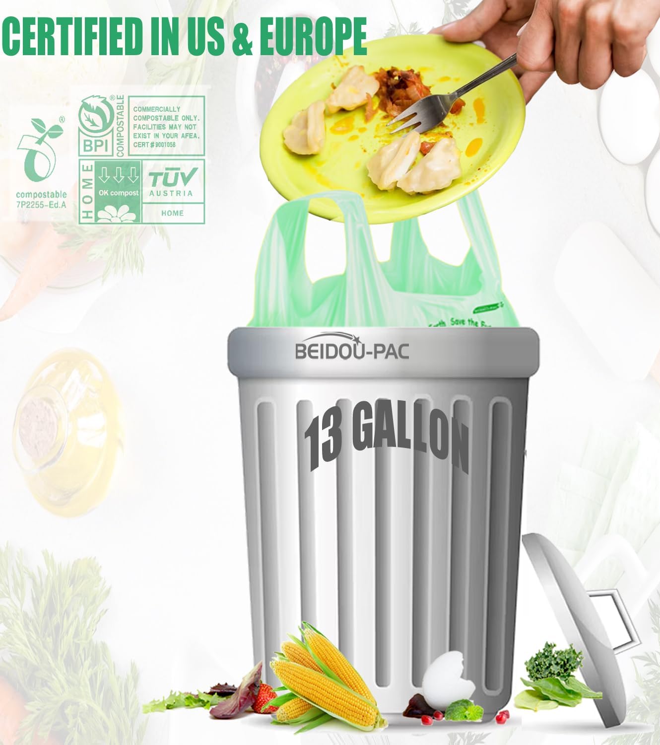 Compostable 13 Gallon Trash Bags, Tall Kitchen Garbage Bags with Handle, Sturdy Biodegradable Compost Bags, 100 Count, US BPI Certified