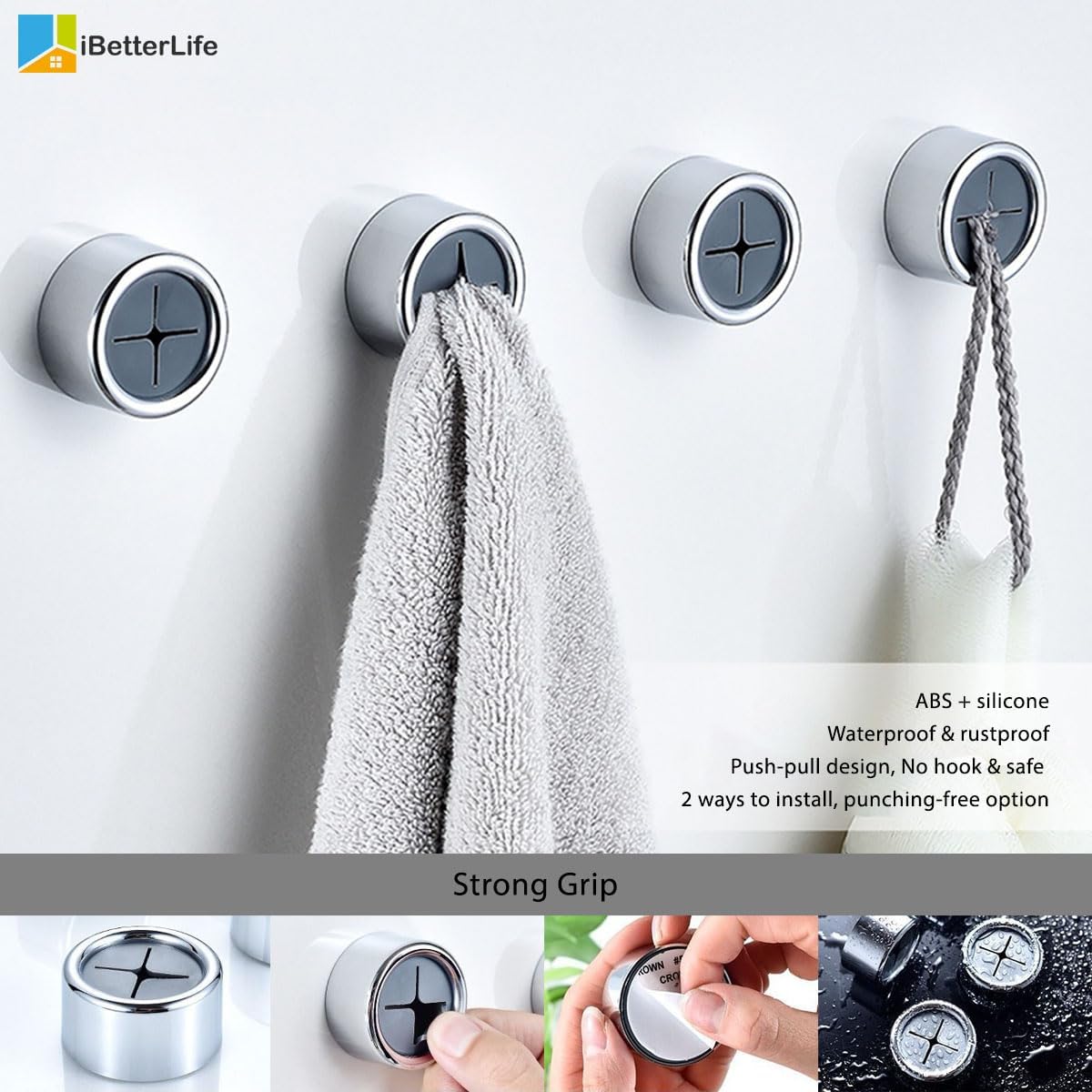 iBetterLife Adhesive Kitchen Towel Hooks - 4 Pack Dish Towel Holder for Cabinet, Push Hand Towel Hook, Dish Cloth Rag Holder for Home Bathrooms, Kitchens, Garages, RV, Within Easy Reach, Matte Black