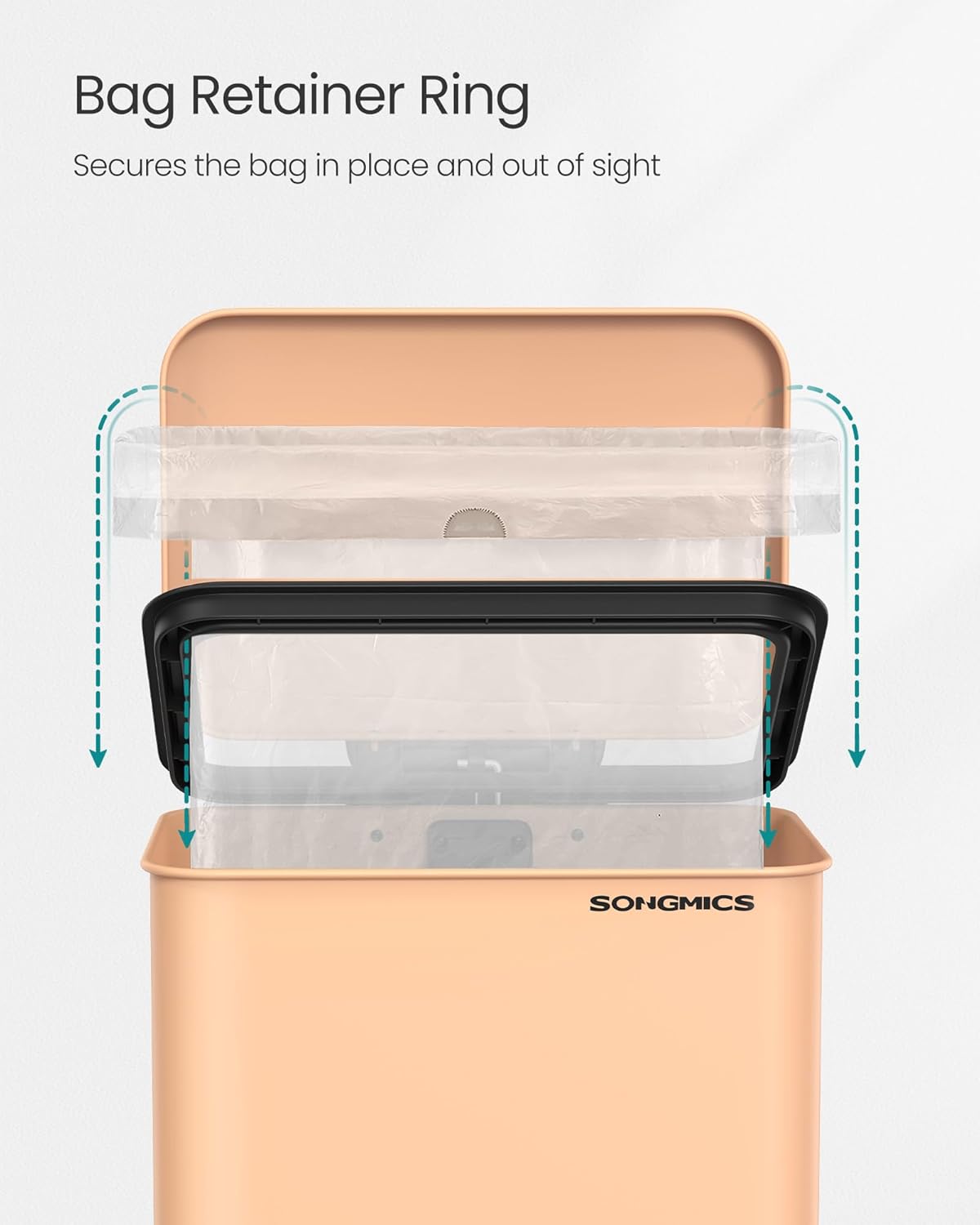 SONGMICS Kitchen Trash Can, 10.5 Gallon (40 L) Garbage Can, Large Step Trash Bin with Lid, Stainless Steel, Soft Close, 15 Trash Bags Included, Peach Fuzz ULTB540R01