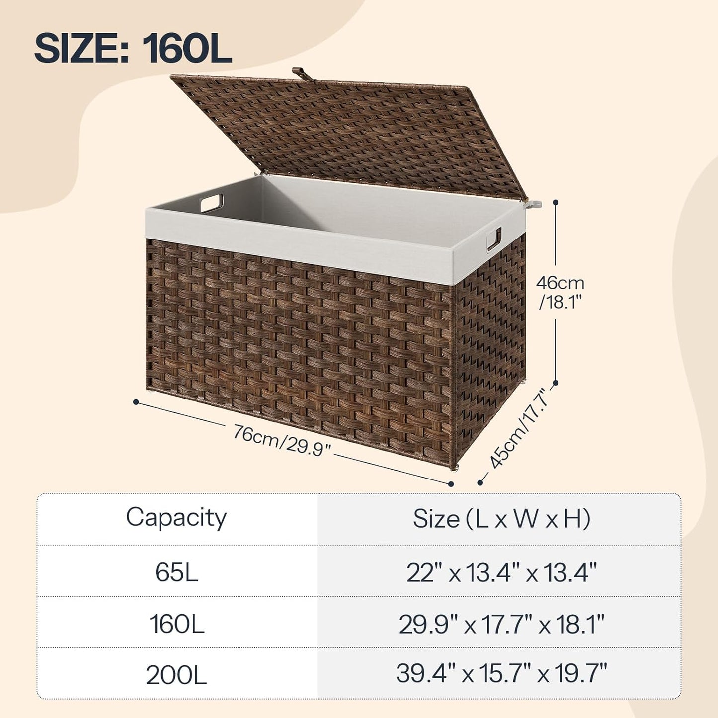 HOOBRO Storage Basket with Lid, 42.3 Gallon (160L) Wicker Basket, Handwoven Blanket Storage Basket with Handles, Metal Frame and Soft Lining, Foldable for Bedroom, Laundry Room, Brown BR216CW01