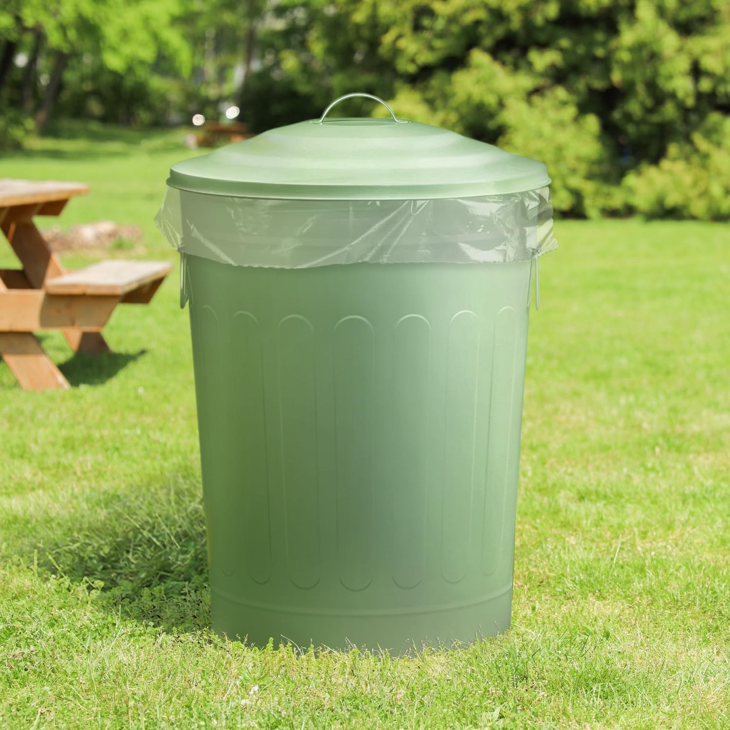 Plexon Round Trash Can 13 Gallon, Vintage Metal Outdoor Trash Can with Lid, Retro Farmhouse Garbage Container, Old School Modern Ash Bucket, Green 3 Pack