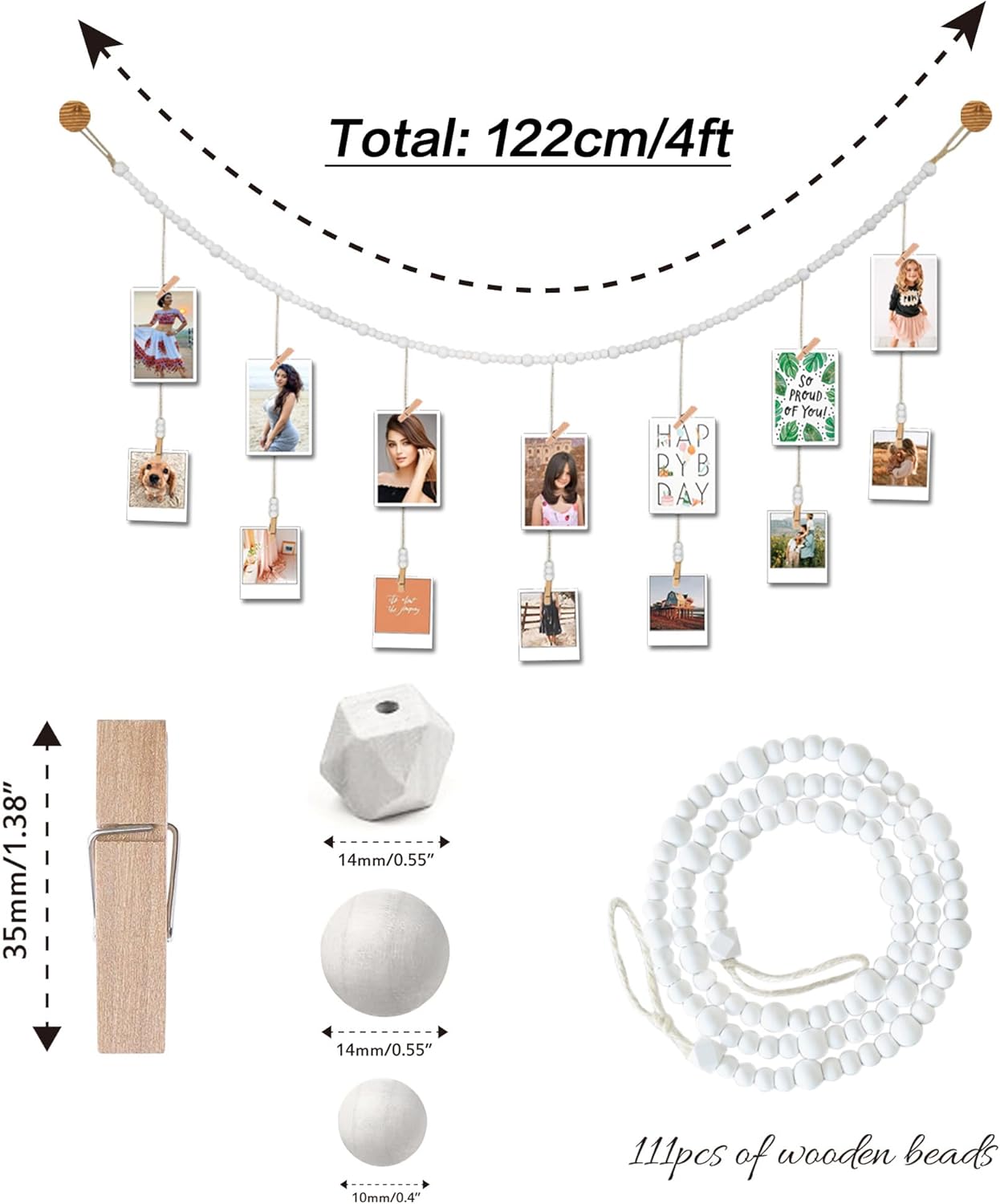 4 Feet Wooden Beads Garland with Clothespins Picture Cards Holder - Country Farmhouse Christmas Nursery Boho Holiday Decorations with Clips