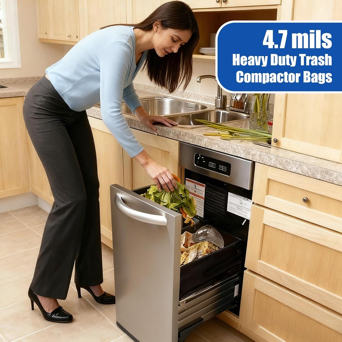 24 Pcak Trash Compactor Bags for 15" Wide Models Black Heavy Duty Garbage Compactor Bag Leak-proof Kitchen Trash Bags with 100 Pcs Twist Ties 2.4 Mil Tear Resistant, Extra Strong Liner