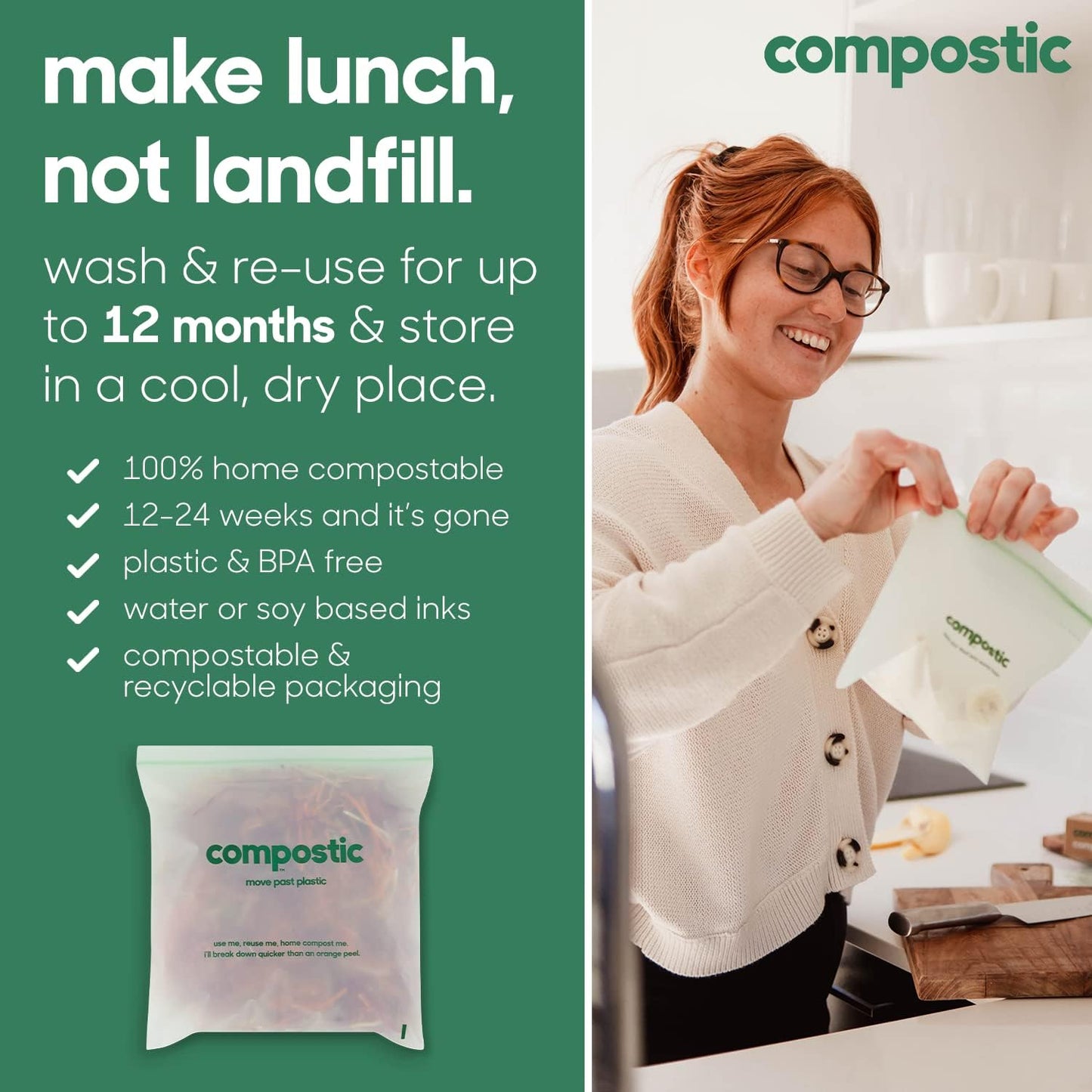 Compostic Home Compostable Resealable Gallon Bags (10.5"x10.5"), Microwave & Freezer Safe, Organic Food Storage Container, 100 Count (Pack of 1)