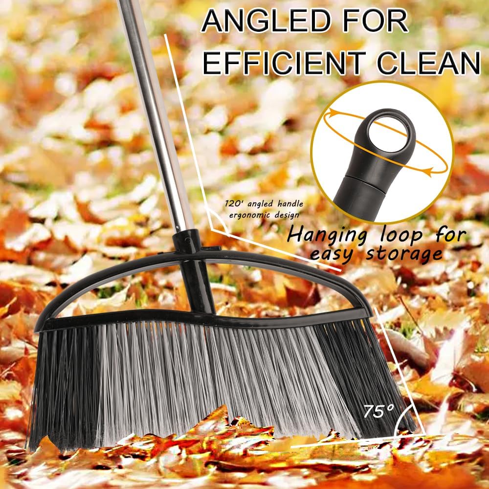 Heavy Duty Outdoor Broom - 15.7'' Wide, Long Handle, Angle Broom with Stiff Bristles for Patio, Garden, Garage, Yard (Black)