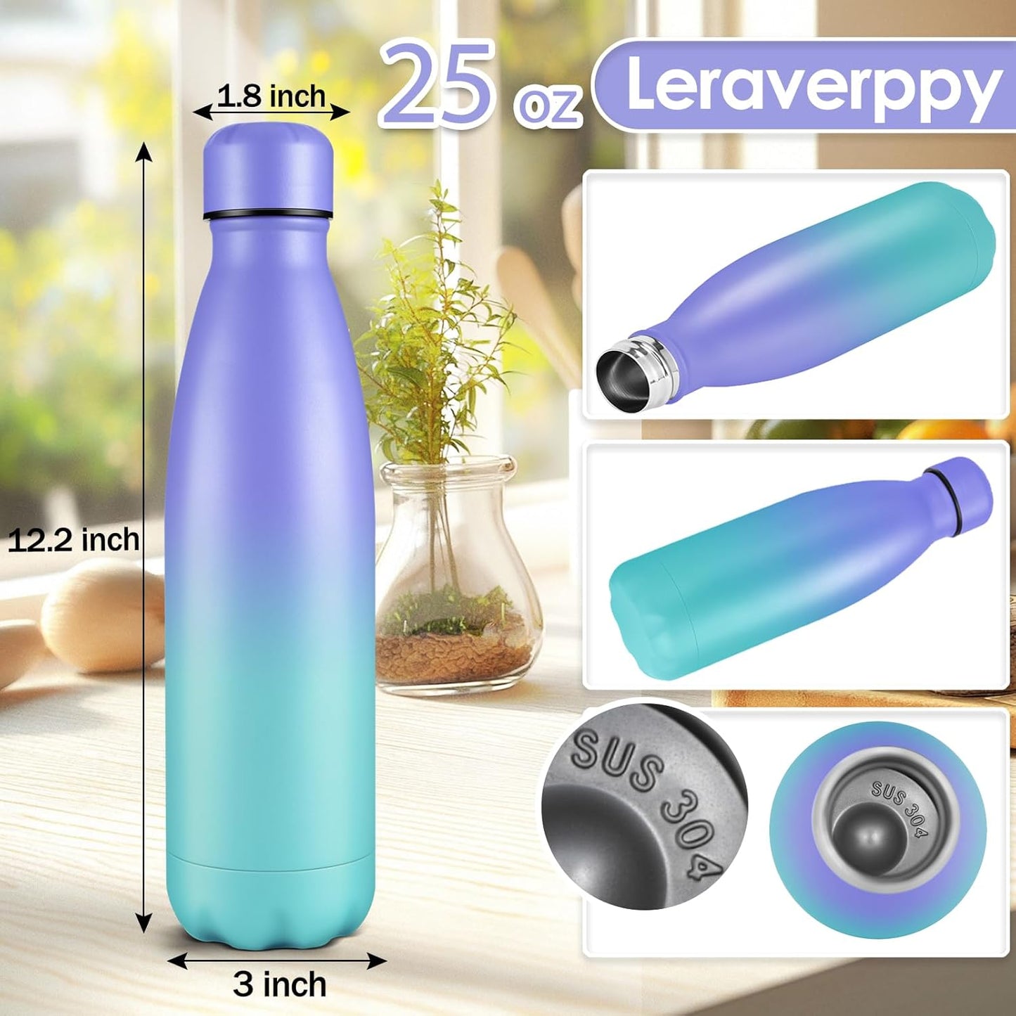 25oz Cola-Bottle Shaped Stainless Steel Leak-proof Water Bottle,Double Wall Vacuum Insulated Metal,Travel Mug For Sports Indoors & Outdoors,BPA-Free Kids Flasks,Purple Blue(2 Pack)