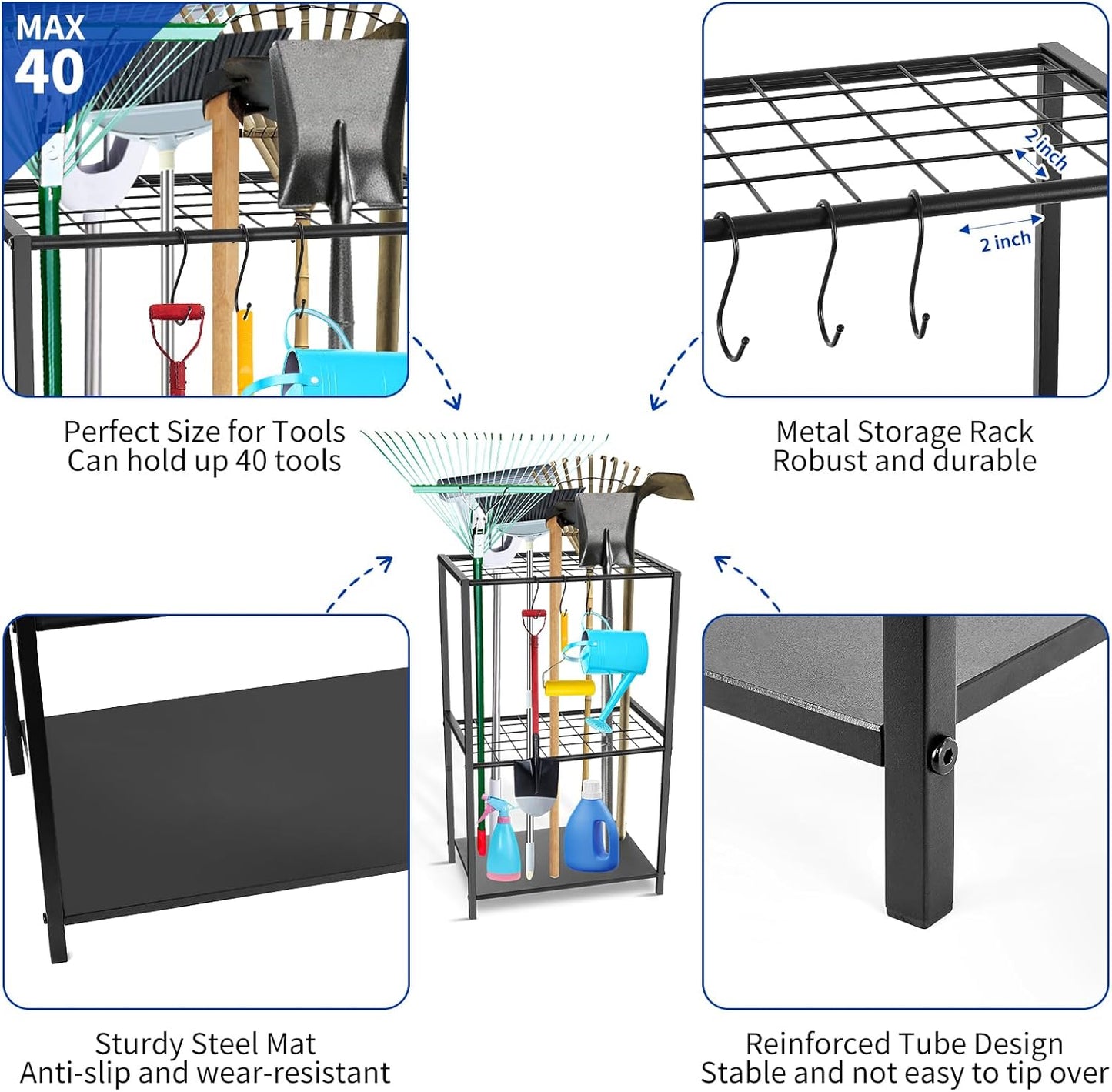 Garden Tool Organizer - Yard Tool Storage and Organizers, Utility Rack with 3 Hooks, Garden Yard Tool Stand Tower Racks, Tool Holder for Broom, Shovel, Rake, Mop, Garage Organization, Black