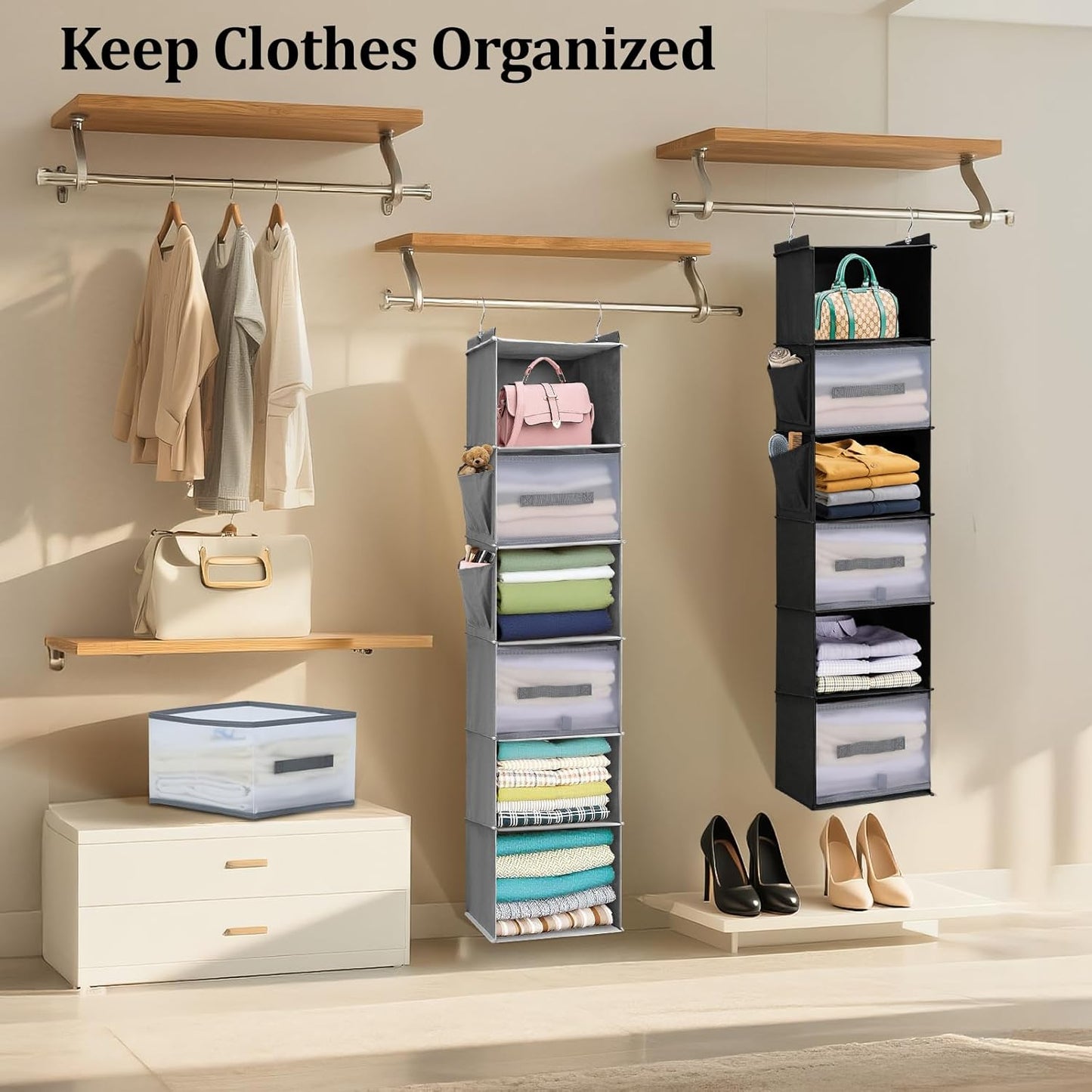 6-Tier Hanging Closet Organizer with Drawers and Side Pockets – Versatile Closet Storage for Shoes, Hats, Belts, and Purses