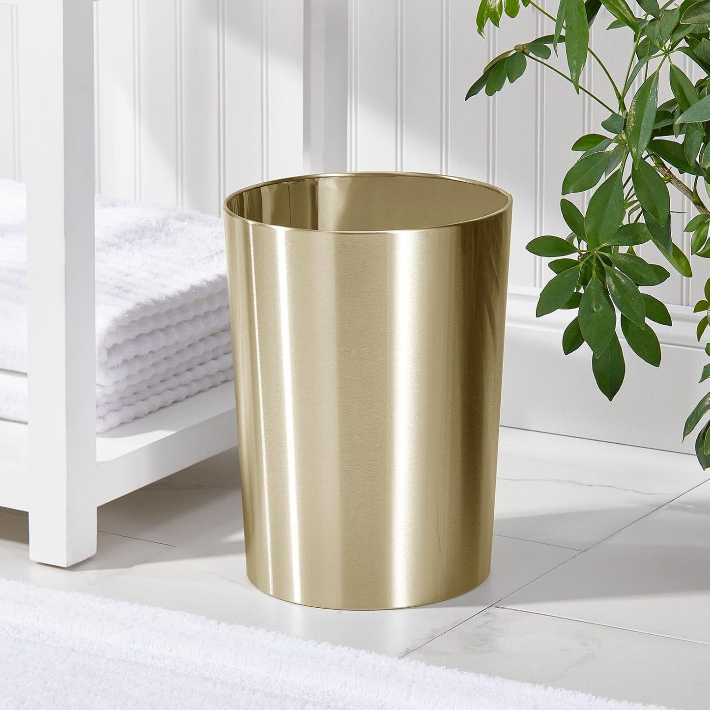 mDesign Stainless Steel Round Metal Trash Can, Small 2.8 Gallon Wastebasket, Garbage Basket Bin for Bathroom, Bedroom, Kitchen, or Home Office, Holds Waste and Recycle, Mirri Collection, Soft Brass