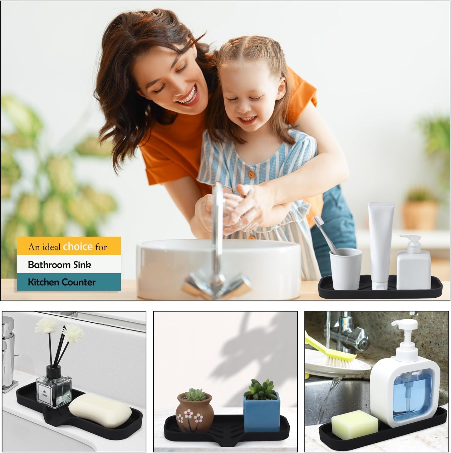 Silicone Bathroom Soap Dishes, Sponge Holder for Kitchen Sink, Shower Soap Holder with Drain, Soap Dispenser Tray, Soap Dish for Bottle, Cup, Sink or Counter Organizer - Black 9" x 3.15"