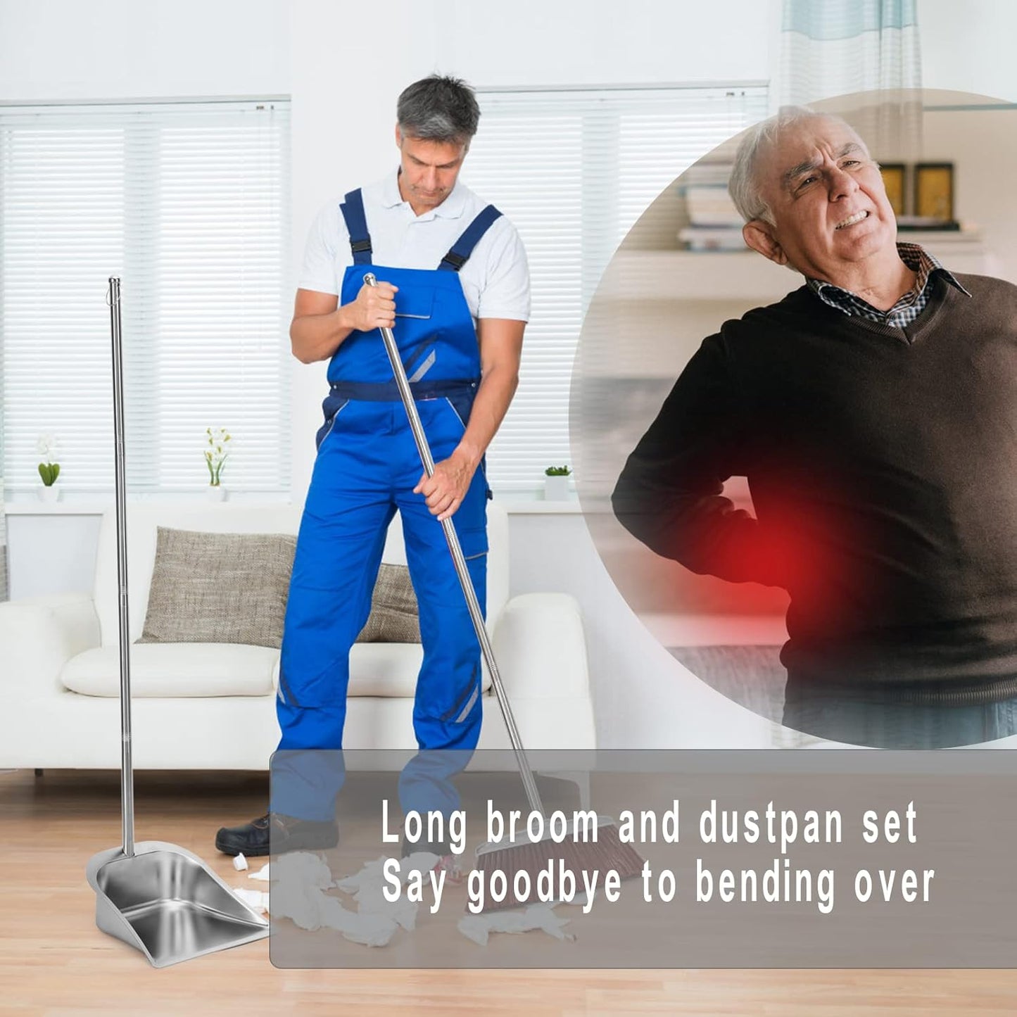 Broom and Dustpan Set for Home, 56" Kitchen Broom with Dustpan Combo Set, Heavy Duty Dustpans with Long Handle, Upright Metal Dust Pan Brooms for Sweeping Indoor Outdoor Home Office Lobby Floor